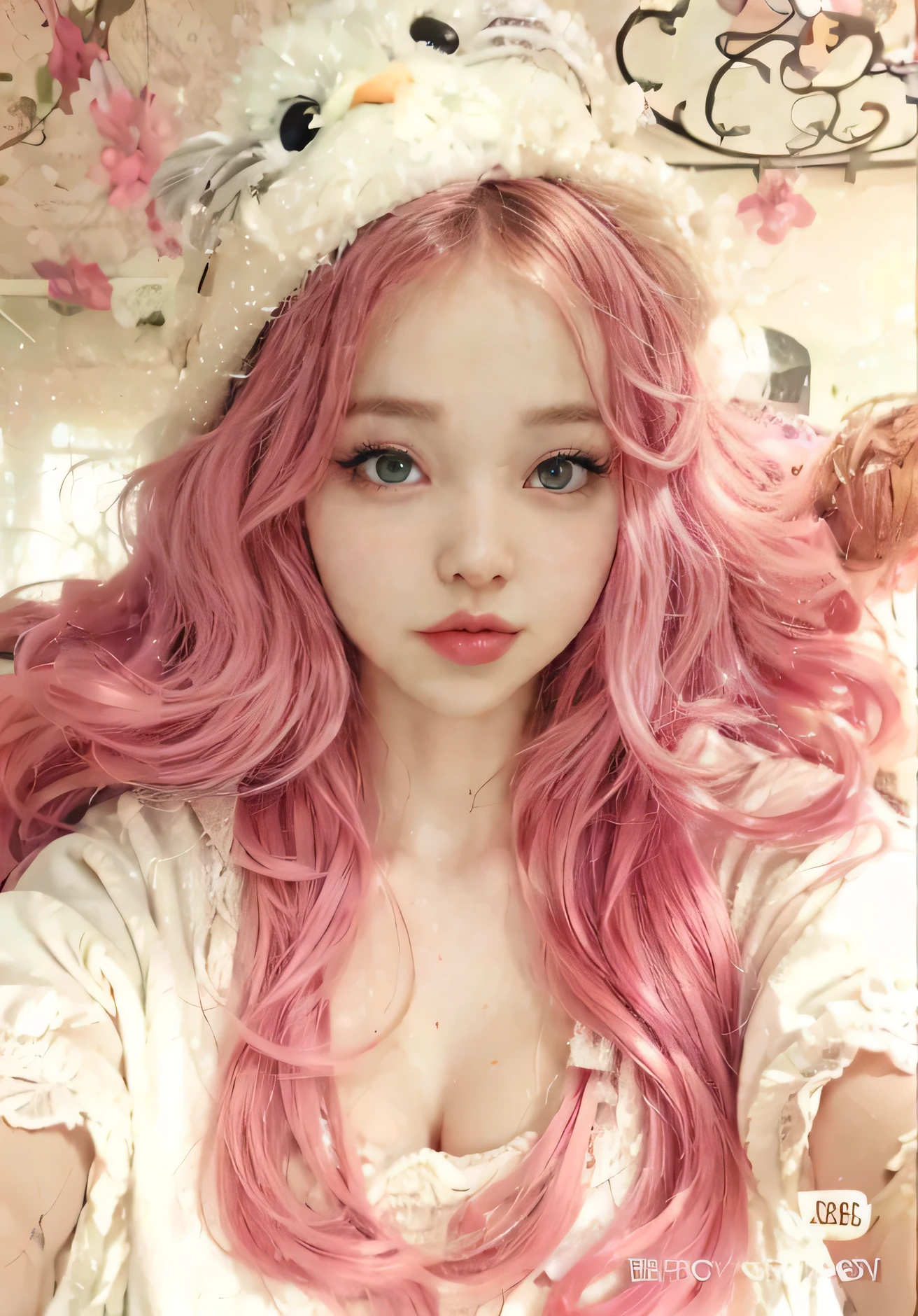 1girl, High Resolution, Blush, Blue eyes, Makeup, dollface dove cameron, dollnose, Elaborate features Long Hair, Puffy lips, cheeks, dove eyes, sweet big lips Breasts, soft innocent features, dove cameron, dollface, doll, Big lips