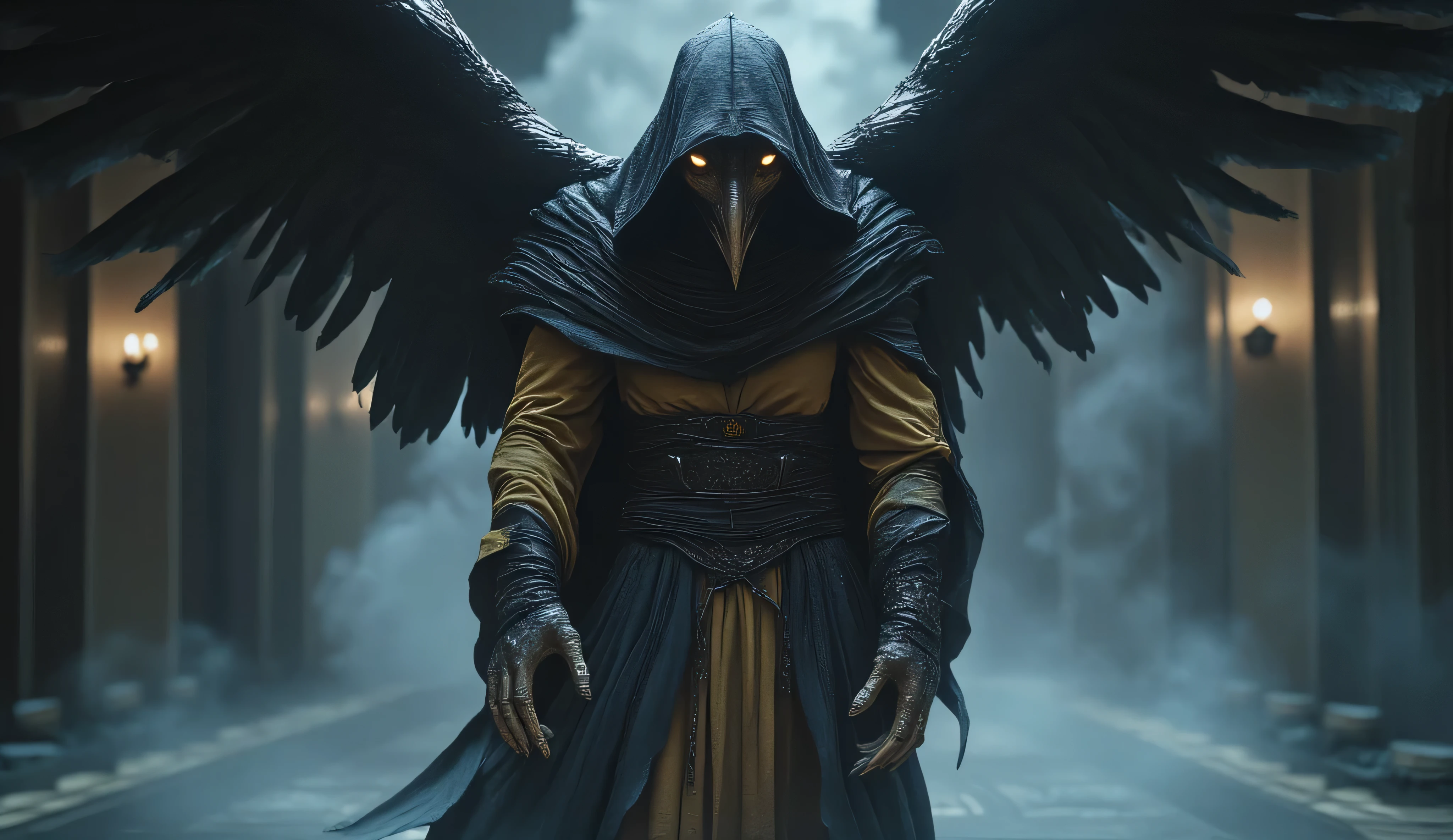 The man with the raven's head. A big creepy sharp beak sticking out from under the hood. The hood covers the face. Two large, huge black wings grow out of the back. Two bright yellow eyes. He is wearing a dirty yellow robe with black elements of a hooded robe. He's wearing gloves with long, creepy bronze claws. The claws are long. gloomy lighting. darkness. a spacious bronze hall with marble columns. thick white fog. horror
