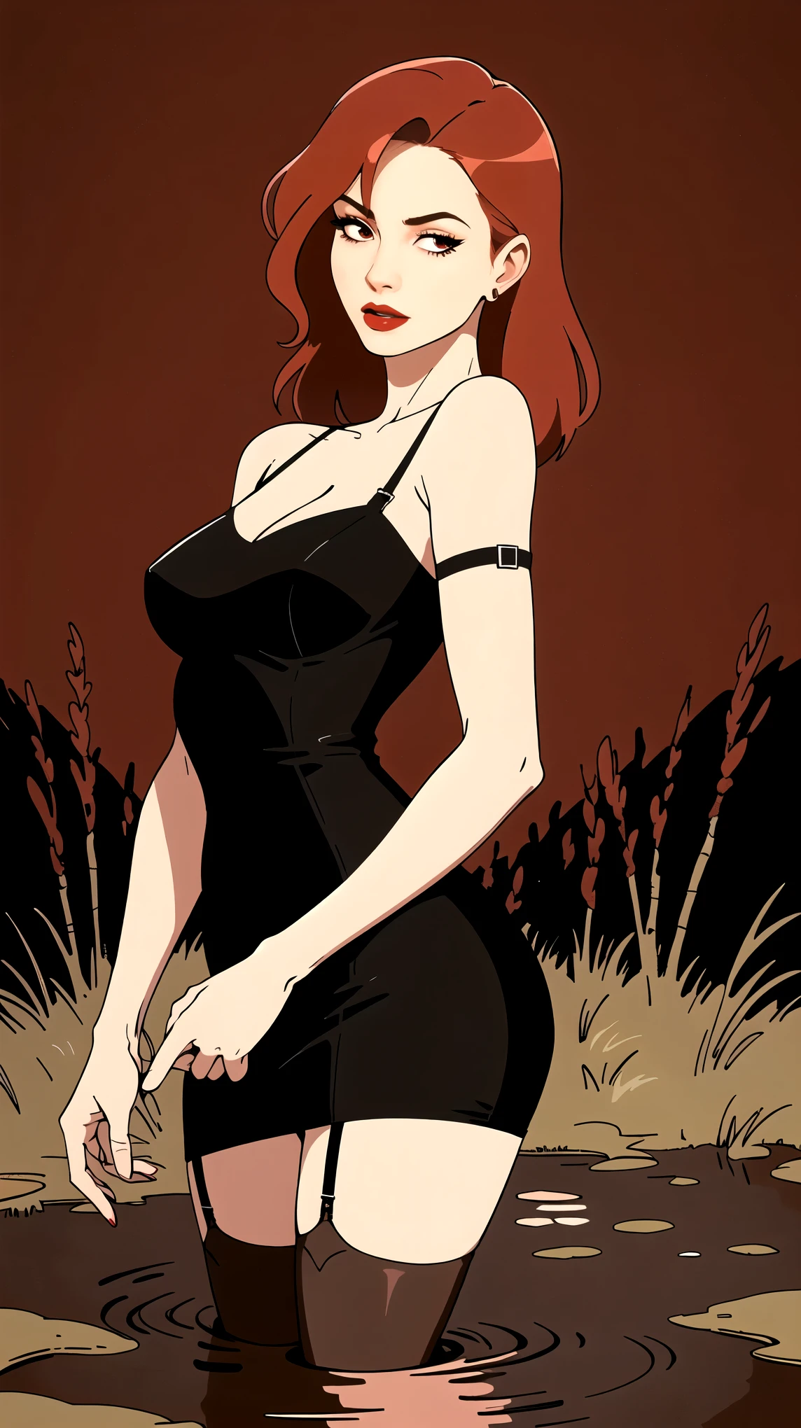 mature woman red-haired, simple vector illustration, standing, tight dress with straps, nylon stockings with garters, drowning in tiny bog, close-up, artistic composition, red lips, black background,