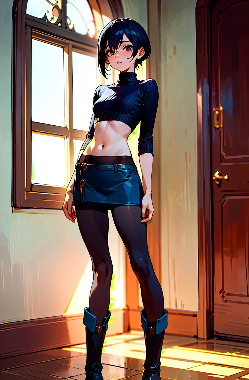 boy, blush cheeks, effeminate, blue colored eyes, short black hair. His skin is clear, he has a thin, muscleless body, thick-thighs. Wearing a black skirt and a short black crop top. In a room.