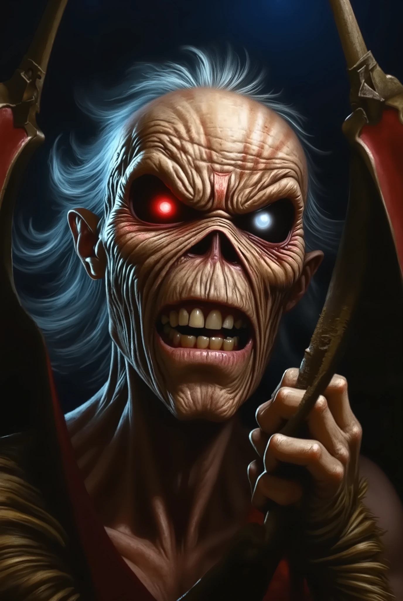 a close up of a poster of a man with a large head, iron maiden, maiden, iron maiden album cover, official poster artwork, 1 9 8 0's heavy metal album art, by Ron Walotsky, drew struzan tomasz alen kopera, promotional poster art, by Drew Struzan, drew struzan illustration art, power metal album cover