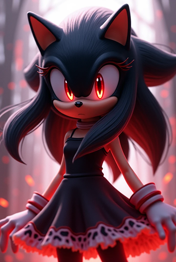 shadina the hedgehog black fur jet red streaks nice body reddish eyes tender pretty beautiful wearing dress female character of shadow the hedgehog