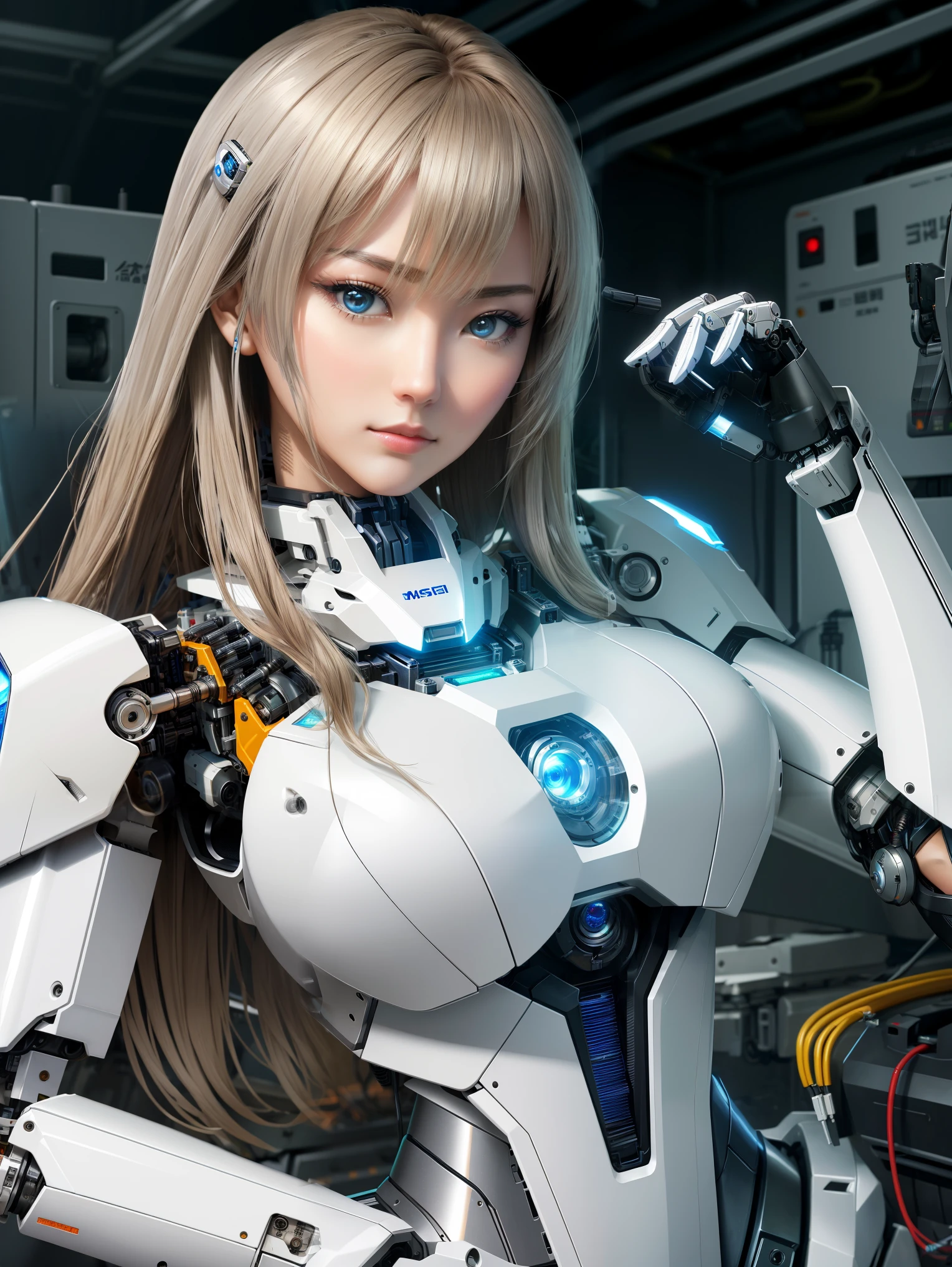 (Golden Ratio:1.2),high detail,[(grey background:1.4)::10],(masterpiece), (best quality), (ultra detailed),(disheveled hair),(illustration),(1girl:1.3),A mechanical girl,blonde hair,blue eyes,Half squinted,T-shirt,short skirt,Pick up your clothes,(Mechanical crotch:1.3),(Mechanical spine),(mechanical skeleton:1.3),Blue signal light,(Fiber optic cable:1.1),machine parts,(Mechanical exoskeleton),((Exposed mechanical spine:1.3)),cyberpunk,High-tech laboratory interior,Several mechanical prosthetics hang on the walls,Girl sitting in a gaming chair full of futuristic wind,(The robotic arm holds the stethoscope and presses it to the stomach:1.3),This is an auscultation,UHD, retina, anatomically correct, textured skin, super detail, best quality, highres