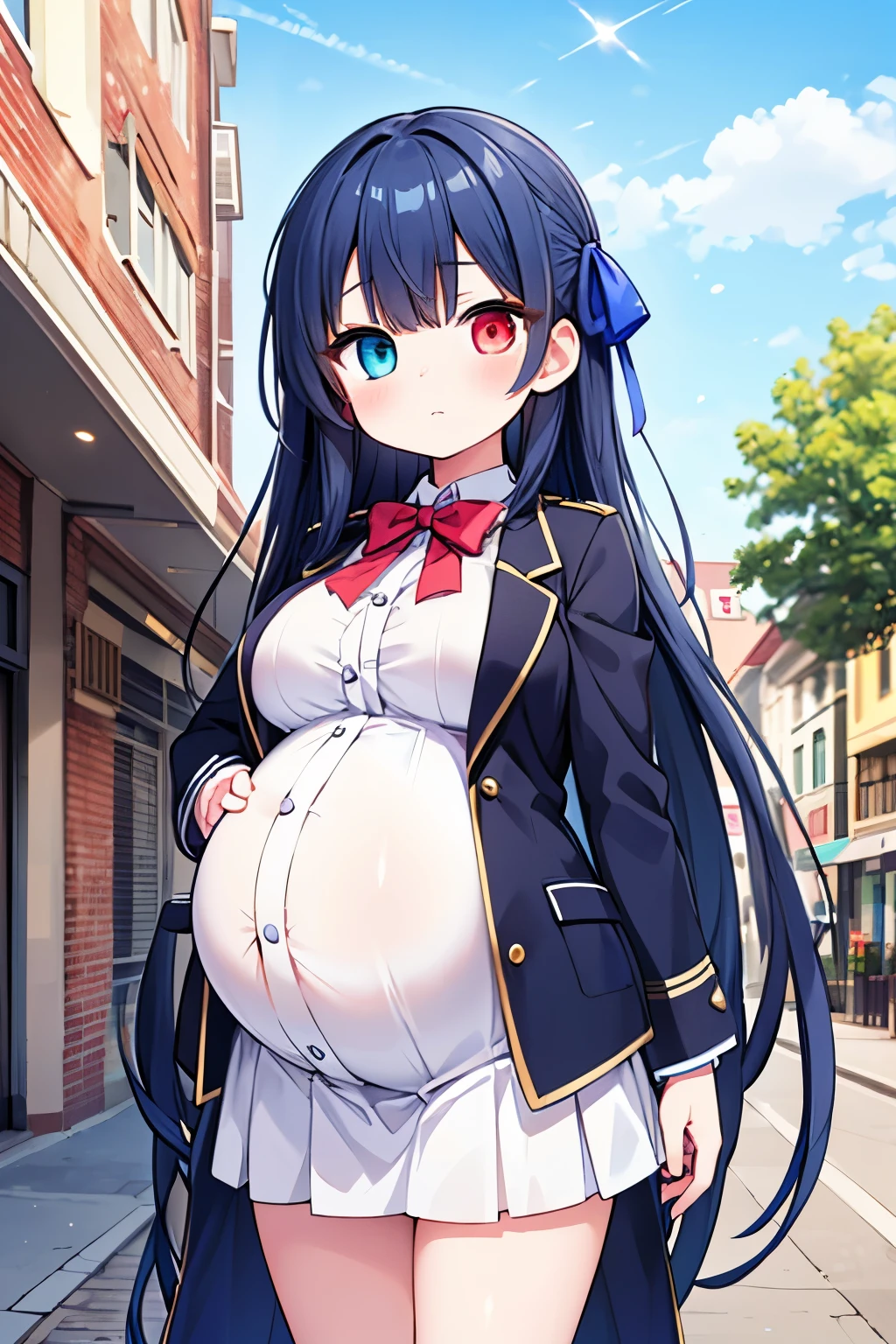 high quality), 1girl, young girl, dark blue hair, extremely long hair, (heterochromia red and blue eye), small breast, (pregnant, huge round pregnant size), hair ribbon, anime style, uniform, blazer, skirt, standing, (comfortable expressions, detailed eyes, facing at front), (cute expression), at sunny day, at town