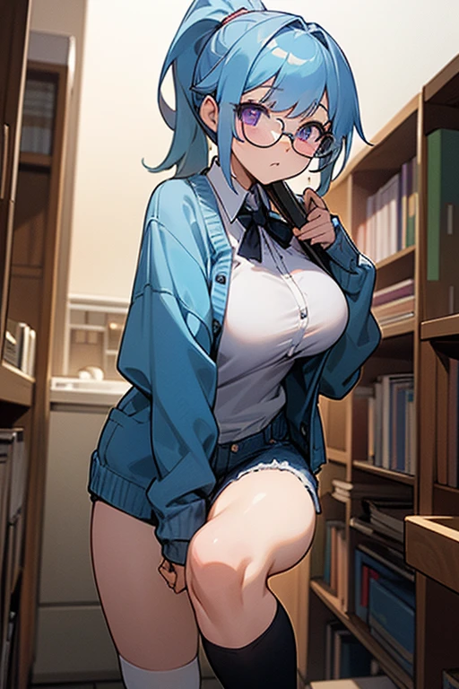 glasses、black hair、straight hair、bob、droopy eyes、serious、Quiet、tight t-shirt、panties、library、Choosing a book、(The crotch bites into)、(Itching in the crotch)、open your legs