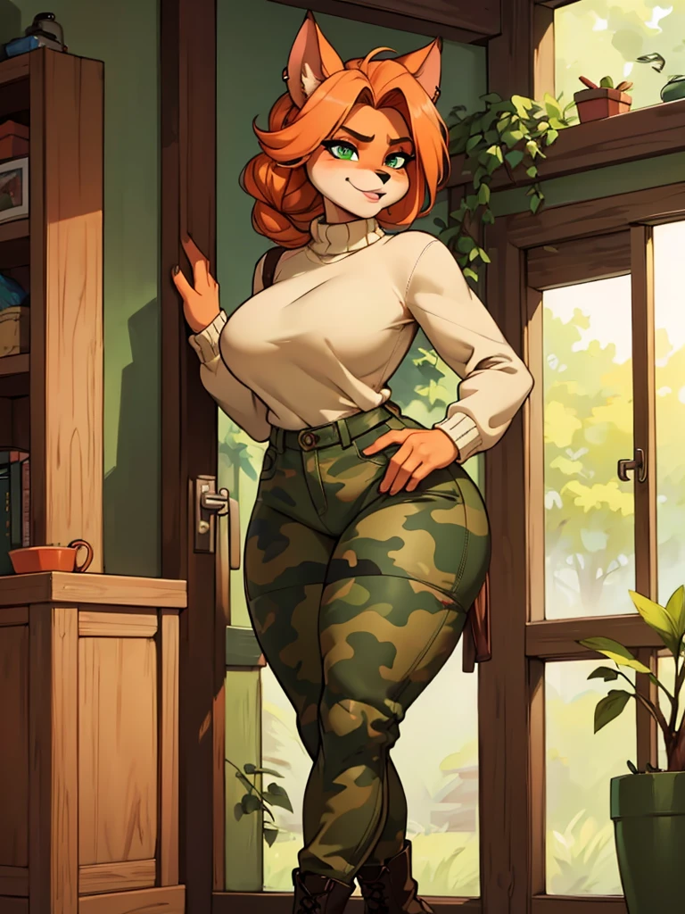(best quality,4k,8k,highres,masterpiece:1.2),ultra-detailed,realistic:1.37,portrait, sancy anthro bandicoot girl redhead, braided hair, beautiful green eyes, sexy ,seductive, warm sweater, camouflage pants, army boots, smirking, cozy lighting, vibrant colors ,girl anthro , sweater, camouflage pants, army boots,
