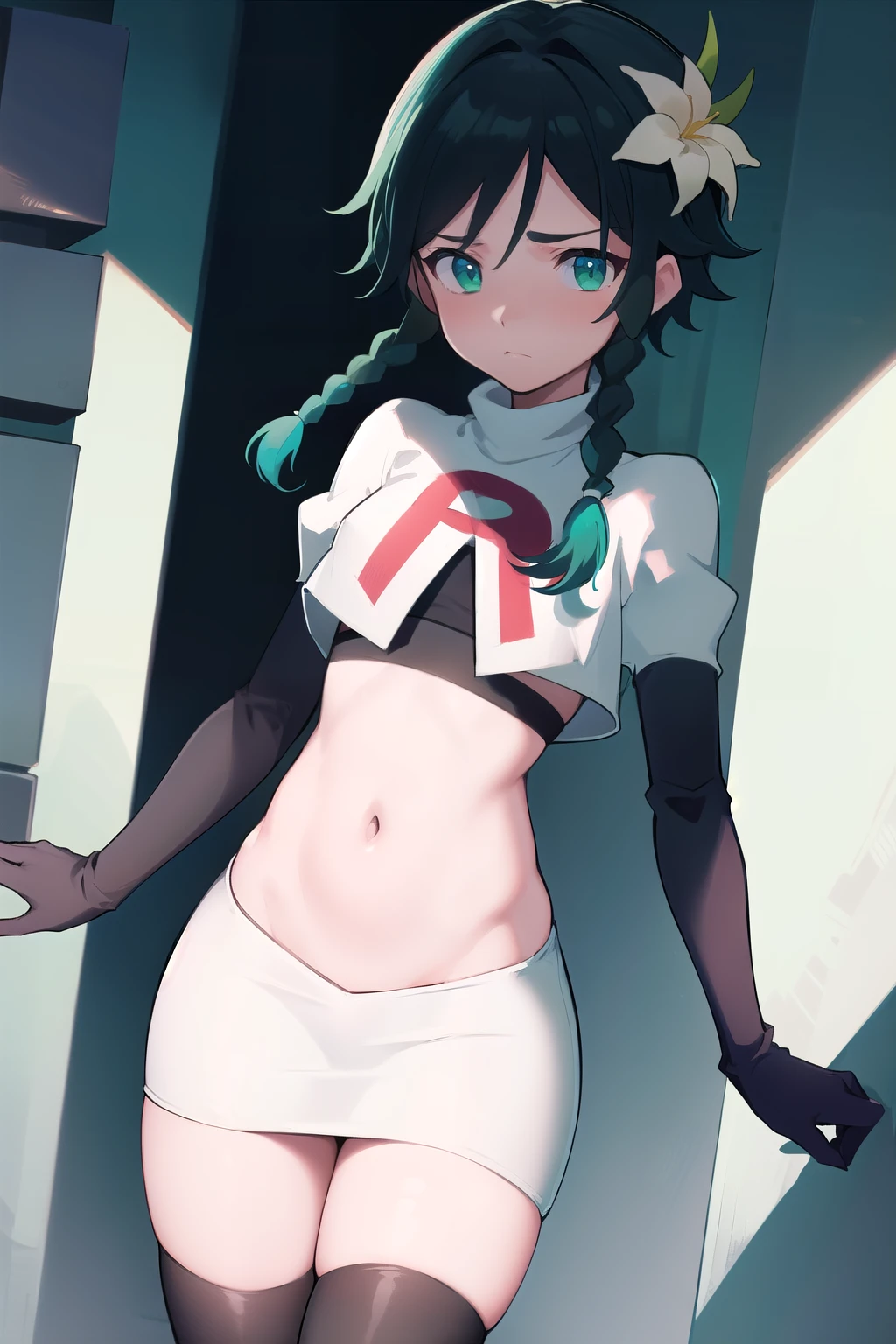absurdres,venti,1boy, male focus, trap,black hair, green-blue hair, hair braid,hair flower,aqua green eyes,crossdressing,1boy,team rocket,team rocket uniform,white skirt,red letter R,crop top,black thigh-highs,black elbow gloves, embarrassed, blush