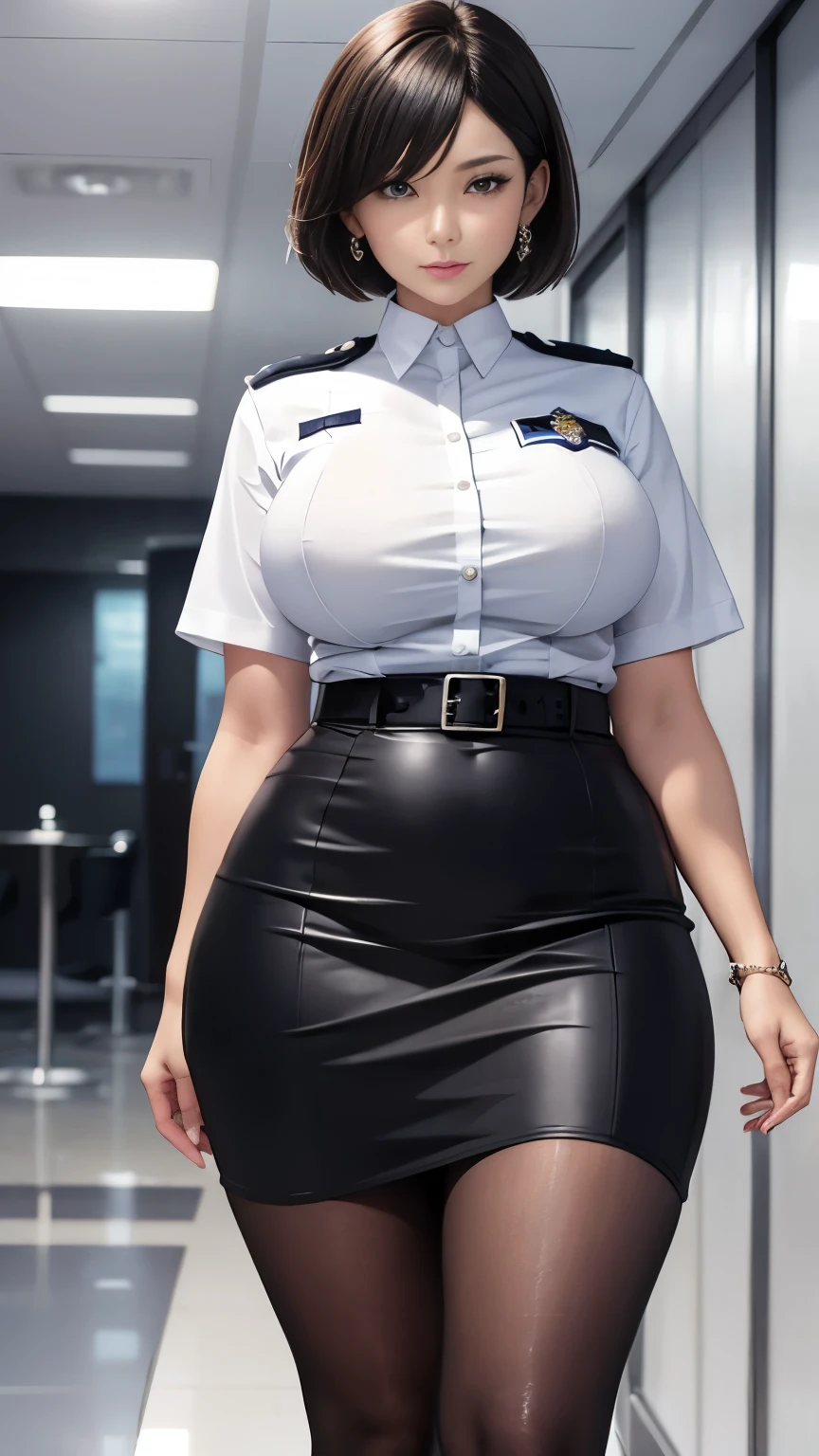Usually detailed CG Unity 8K wallpaper，（tmasterpiece），（Best quality at best），（ultra - detailed），（ultra real photo），（best character detail：1.36），Nikon D750F / 1.4 55mm，RAW photos，profesional lighting， physically-based renderingt, 1 plump girl, girl soldier，(Black military uniform，(Black military uniform)，Fabric texture military uniform，buisness suit)，(Wear a plain white shirt under the jacket，The fabric of the white shirt soaked with sweat clings to the chest，The buttons of the white shirt on the chest are fastened)，(red necktie)，((Black panty,))，bare-legged，Plump legs，black hair color hair，(military hat，Large wavy curls，Do not tie your hair，Short hair details)，the golden ratio,[:(Have a delicate face:1.2):0.2]:，pure love face_v1，thick bushy eyebrows，broad shoulder,(gigantic cleavage breasts:1.35),(gigantic ass:1.35),(Plump thighs:1.45),(Wide crotch:1.55),(I look up from below:1.55)，((both hands on hip):1.4)，Close-up shot，((smiling with narrow eyes，Smile full of confidence，There is by the sea):1.35)，(((Close-up of panties)，facial closeups))，(Sunset sky，gentlesunlight，sunshine on face，(light shining on face)，blue-sky，Sunny smile，light glow)，white teeth，(looking at me)，(((thicc, big booty, Loot with outstanding curves, thick thight, Wide hips, Buttocks swell crazily,🐎🍑) )，azur lane style)，high-heels，