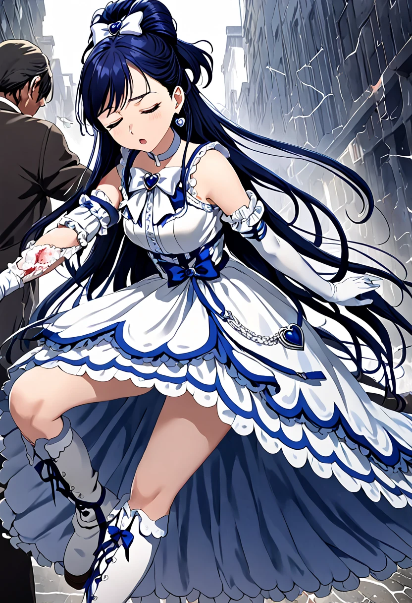 (She is suffering from being bitten on the arm by a man:1.5)、Cure White,hair ribbon,Chest ribbon,big ribbon, mini skirt, white choker, thigh straps, elbow gloves, heart brooch,Heart Earrings,detailed hair and outfit, long flowing dark blue hair, white and blue frilly dress, white gloves and boots, blushing, feeling pain, suffering from arm being bitten by enemy, dynamic and intense scene, background with sound waves, eyes closed, masterpiece, best quality, highly detailed background, perfect lighting, (beautiful, best quality: 1.1), masterpiece, perfect eyes, (beautiful), (erotic: 1.2)