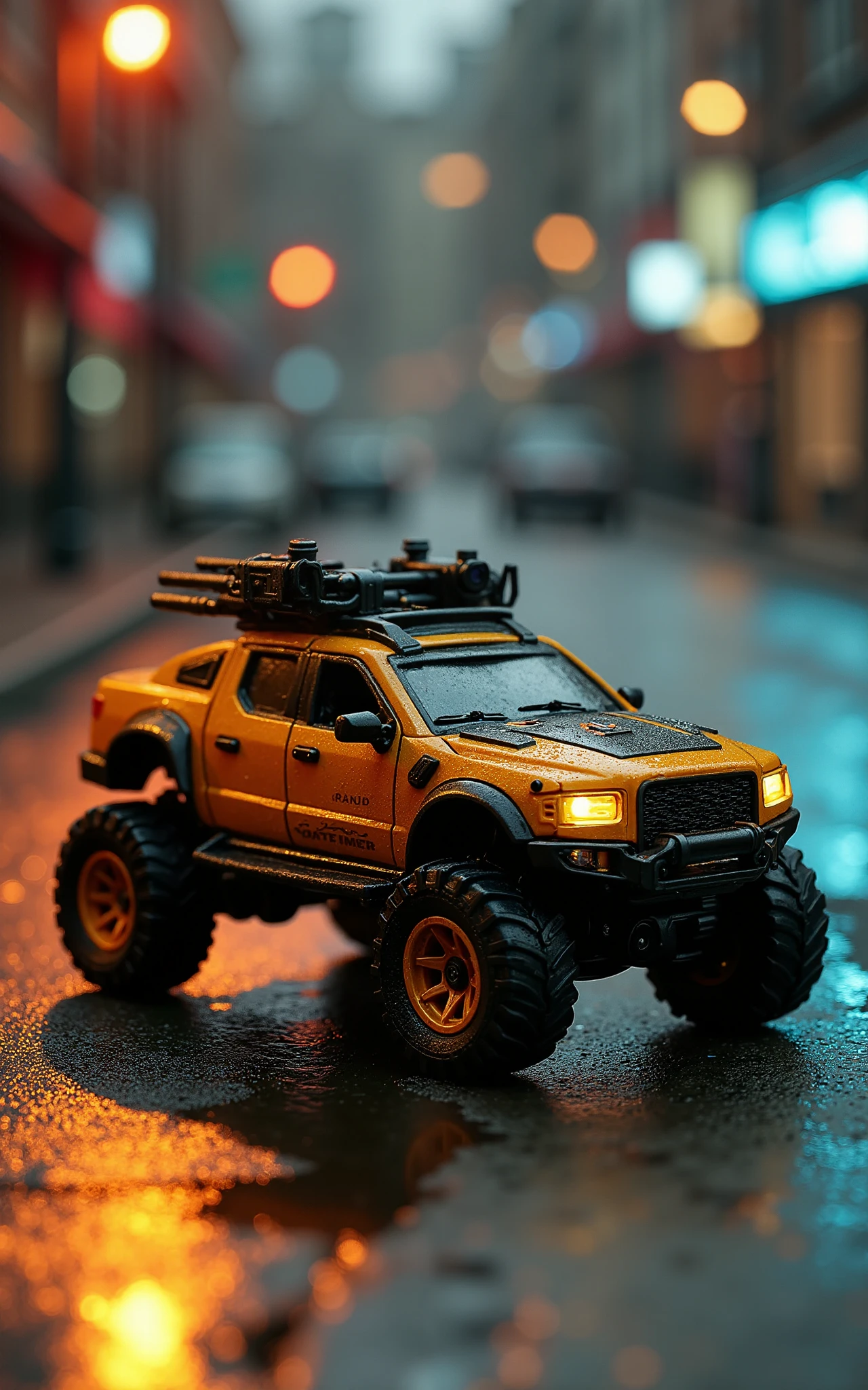 Design miniature intricate, robotic Iron Man color scheme based car with a futuristic, Mad Max-inspired look. The vehicle should feature advanced tech integrated seamlessly into its frame, with complex guns and a diverse arsenal attached. Its design should blend sleek mechanical elements with a rugged, battle-ready look, showcasing a high level of detail and sophistication,firy wheels, on a study desk well lit, super dynamic, digital painting, wet road ,hyperealistic, 4k uhd, 

