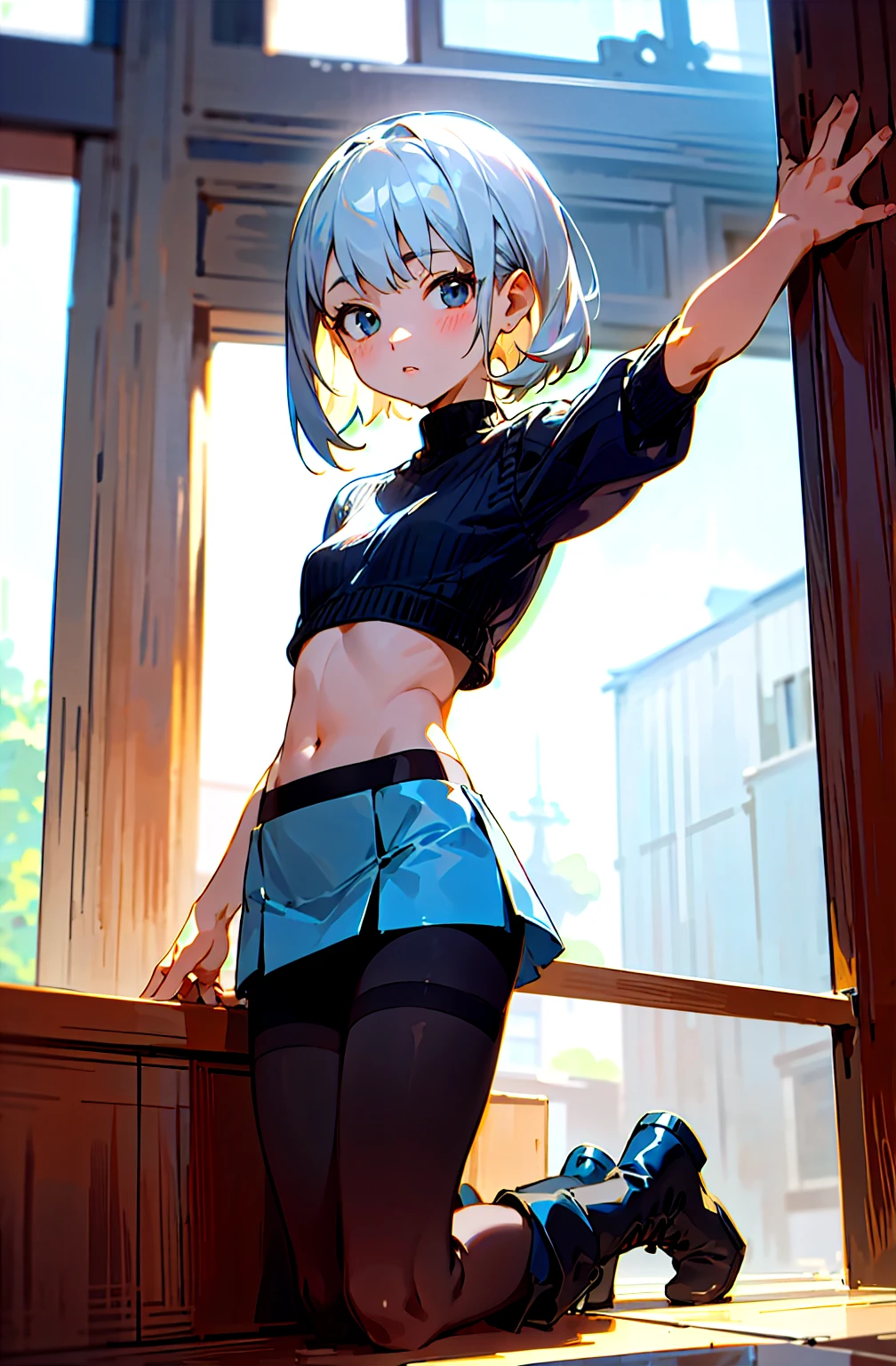 Short skirt, White panties,Small Bust,Black socks,whole body