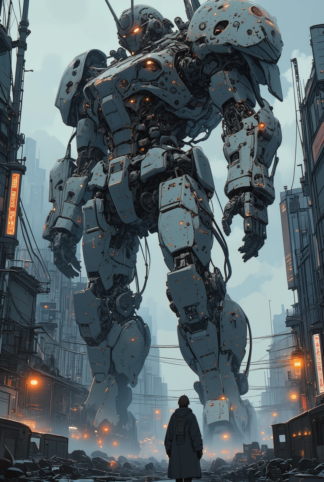 giant robot,giant gundam, city, futuristic, industrial, towering, massive, metallic, highly detailed, cinematic, dramatic lighting, glowing accents, epic, imposing, awe-inspiring, intricate machinery, advanced technology, urban cityscape, skyscrapers, detailed environment, photorealistic, 8k, ultra-realistic, hyper detailed, cinematic angle, dramatic composition, moody atmosphere, warm color tones, cinematic lighting, volumetric lighting, stunning,S1n0z1ck style