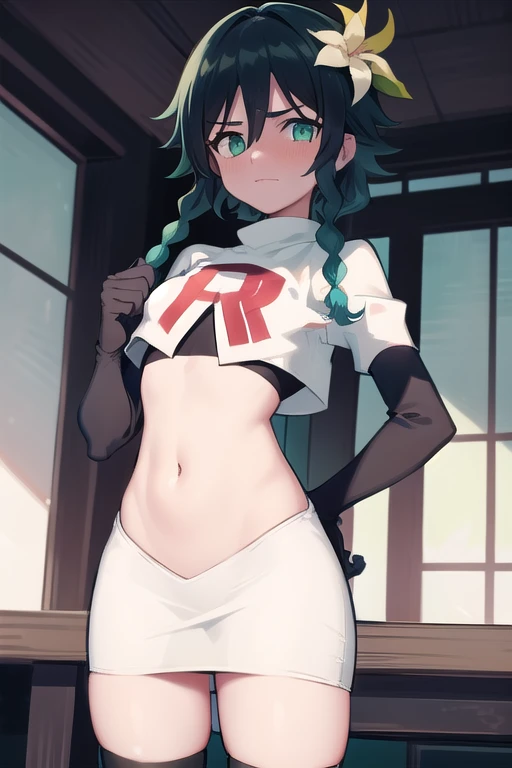 absurdres,venti,1boy, male focus, trap,black hair, green-blue hair, hair braid,hair flower,aqua green eyes,crossdressing,1boy,team rocket,team rocket uniform,white skirt,red letter R,crop top,black thigh-highs,black elbow gloves, embarrassed, blush