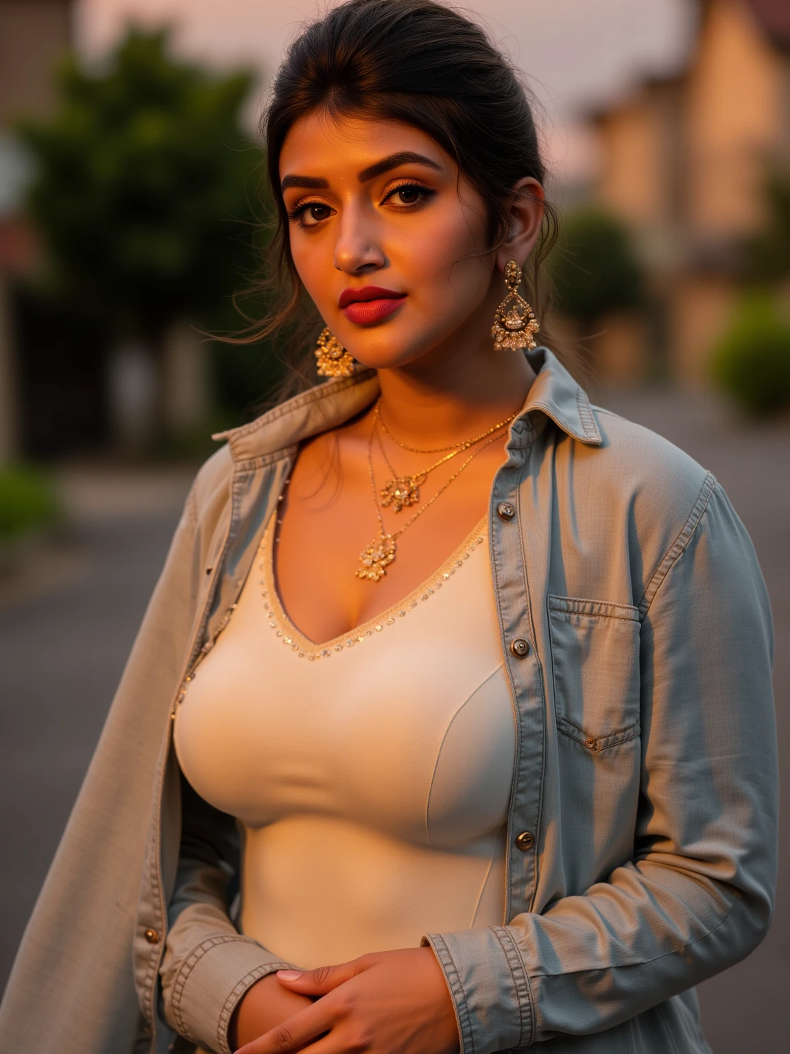 Generate a hyper-realistic image of a beautiful and hot Indian chubby bhabhi with the following features:

Style inspired by Vyjayanthimala and Rekha
Age 25
Soft, white skin, realistic, and slim face like Aitana Lopez
Brown eyes
Moles on her lip
High-quality, RAW photo, 16K resolution, HDR (1.4), high contrast
Masterpiece, beautiful and aesthetic
Realistic, photo-realistic (1.3)
Wearing a tight black kurta and white pajama, sexy pose
Her hair is styled in a bun
Adorned with a necklace and bracelet
Light lipstick
Hand in pocket
Gazing away from the camera
Casting a perfect shadow on the ground
The scene is set under the night sky, illuminated by street lights, with buildings and a light pole in the background. The image should focus on the full body of the woman, emphasizing her large breasts and blue eyes, with the tight black kurta and white pajama accentuating her figure. Ensure the image is top quality, best quality, and official art, with beautiful and aesthetic elements emphasized (1.2).