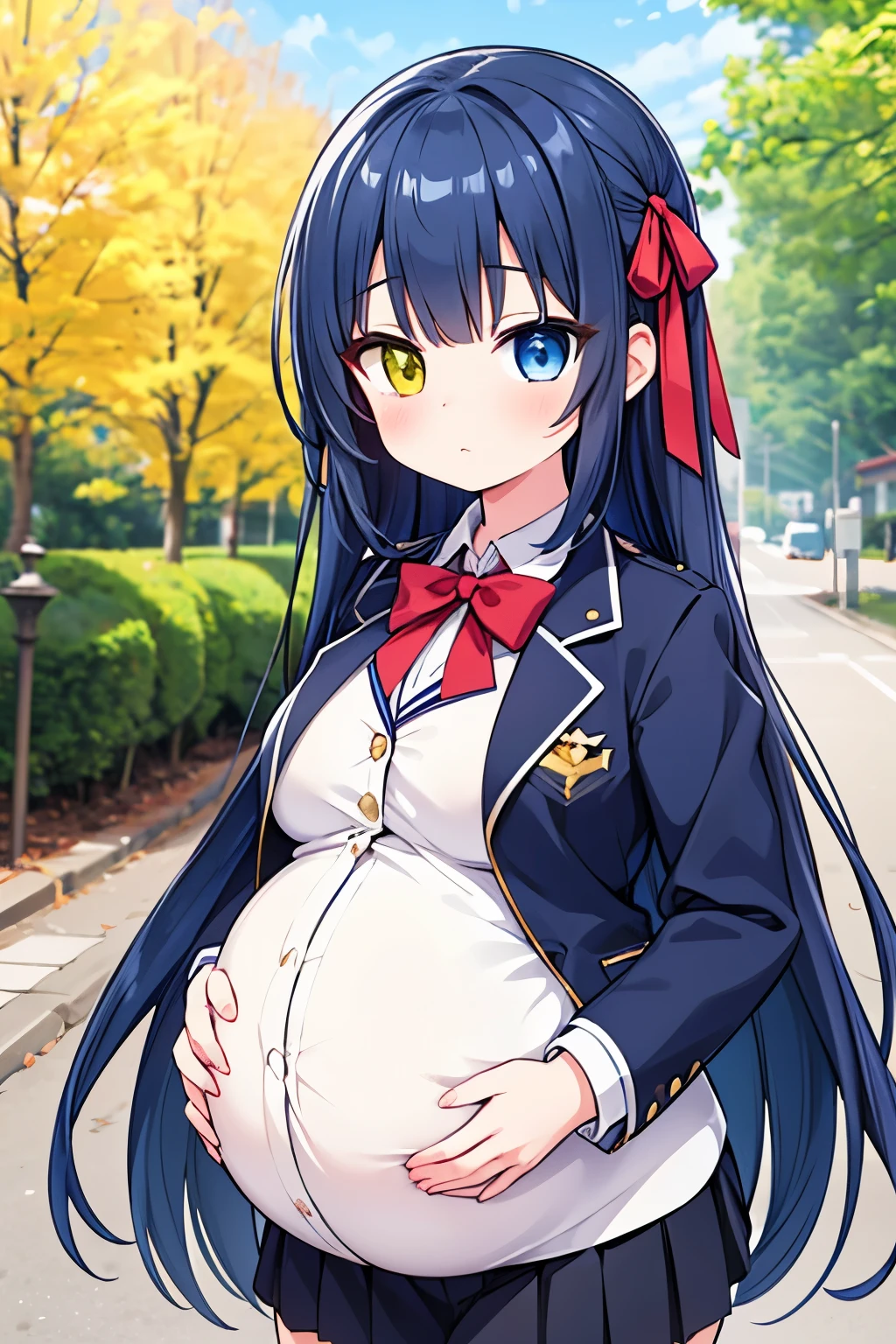 high quality), 1girl, young girl, dark blue hair, extremely long hair, (heterochromia red and blue eye), small breast, (pregnant, huge round pregnant size), hair ribbon, anime style, uniform, blazer, skirt, standing, (comfortable expressions, detailed eyes, facing at front), (cute expression), at sunny day, at town
