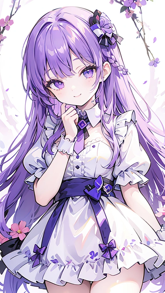 Long purple hair with double ponytail，Ring bun，Silver skull decoration，Purple and white clothes，Smart little girl，The face is cute like a rabbit