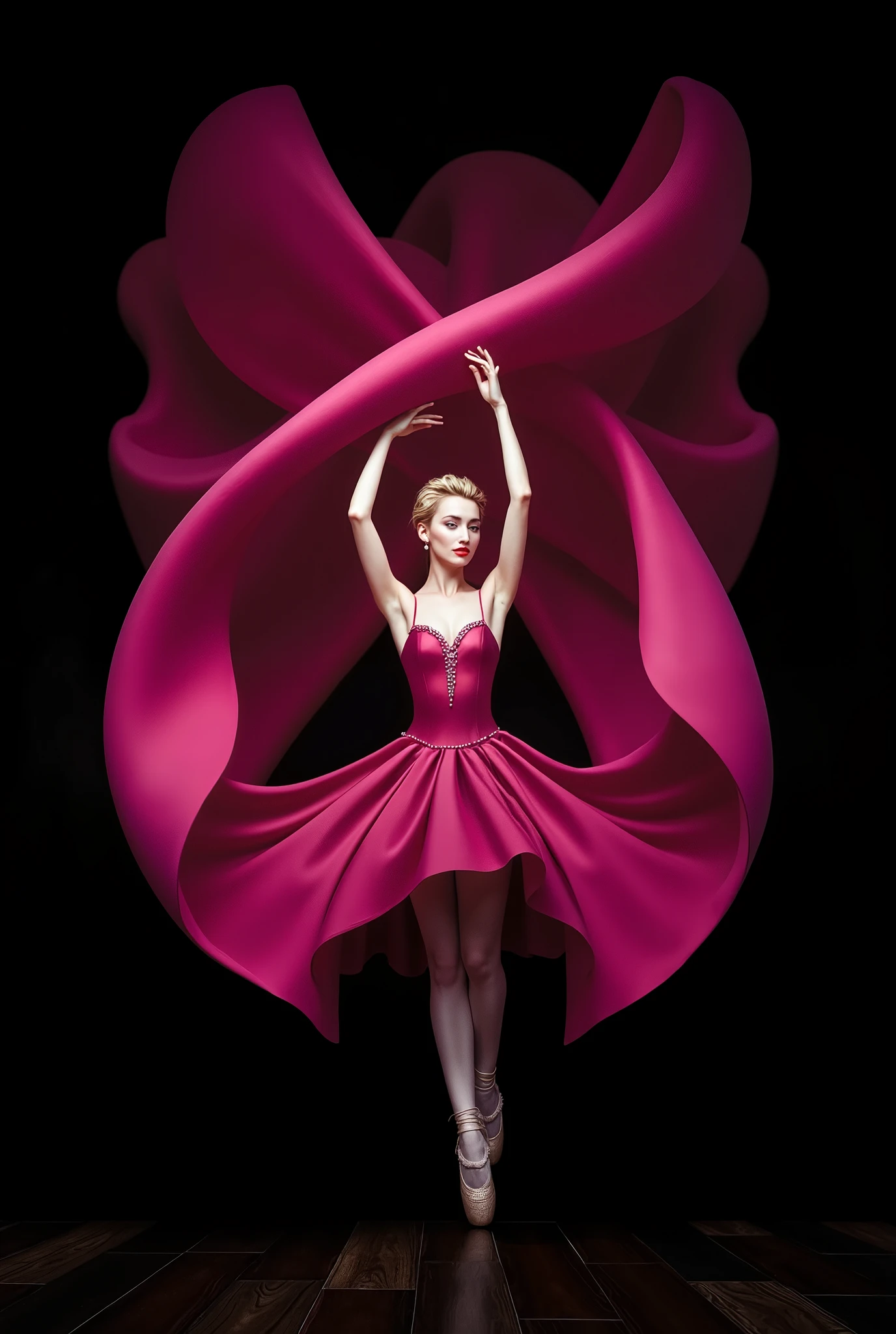 A full background, minimal collage artwork featuring a wide and long piece of red  color blanket made of knitted yarn with a detailed knitted texture in unieqe pattern covering and envelop a part of the body of a beautiful russian ballerina women, red lips, knitted yarn with a detailed knitted texture dress, The ends of knitted yarn with a detailed knitted texture cloth fly up and stick to the wall expands upwards forming a beautiful luxurious and majestic blanket shape (symmetrical shape) stuck to the wall in unieqe pattern, black wall, Unique poses with flexible bodies, strange poses, unique and beautifu pose against the middle of wall, low light, beautiful and unique masterpiece. very detailed, high resolution, in terms of beautiful appearance, beautiful art, like a beautiful logo,Elegance,SurrealArtStyle,Elegance,Composition,Florinda