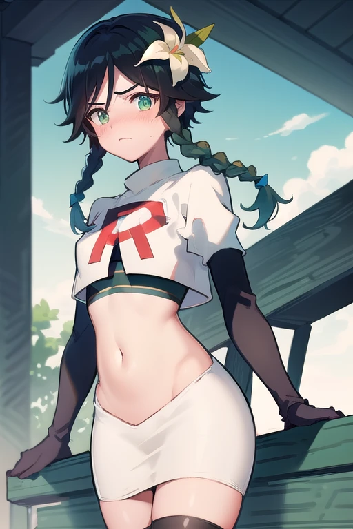 masterpiece,best quality,highres,aafutaba,medium hair,ponytail,cowboy shot,outdoors,team rocket,team rocket uniform, red letter R, white skirt,white crop top,black thigh-highs,black elbow gloves
