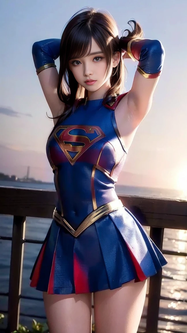Woman body set big breasts, Supergirl costume dress on the rooftop skin lift no panties 