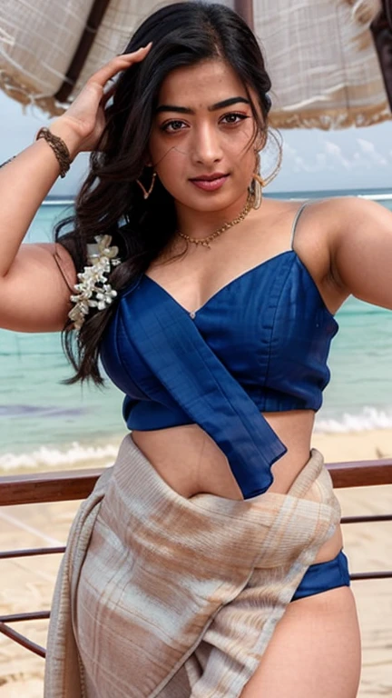 plus size woman sexy curvy plus size model wearing silver velvet color Beauty in Sari : Charm & Nature facing to camera in standing position, wearing galsses, curvy plus size figure, big m-cup bulky breasts ,wearing White Beauty in Sari : Charm & Nature, side bun hairstyle, bright eyes, thin eyebrows, fair skin, blushing cheeks, prefect , head to thigh view, plane background and location, head to thigh view
