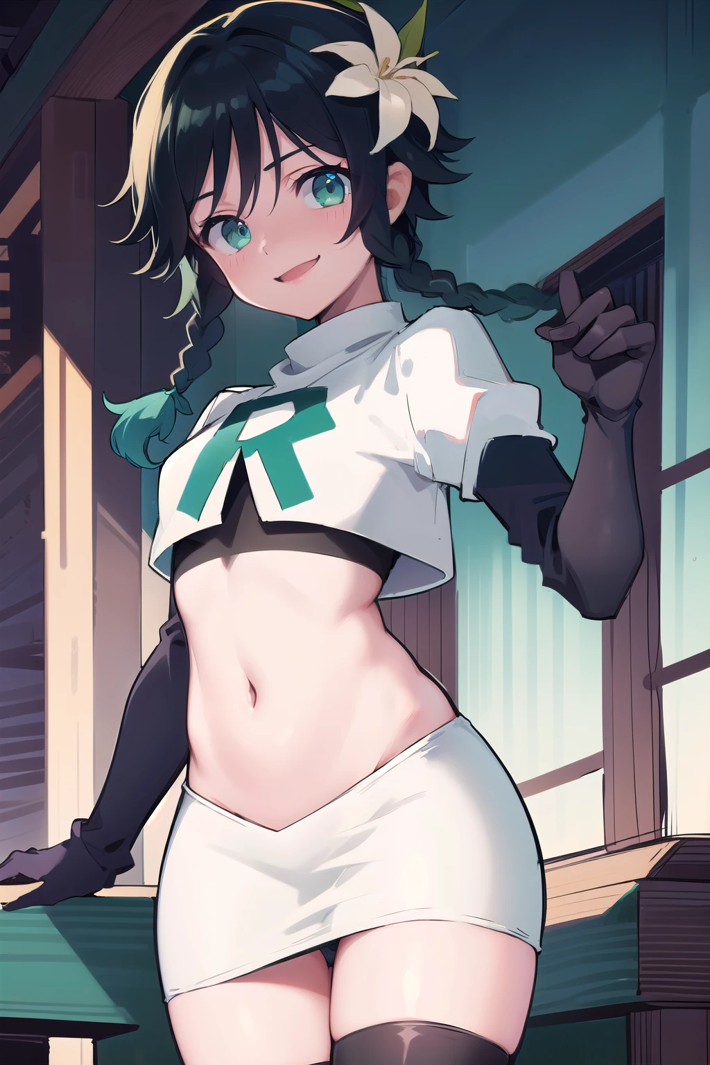 absurdres,venti,1boy, male focus, trap,black hair, green-blue hair, hair braid,hair flower,aqua green eyes,crossdressing,1boy,team rocket,team rocket uniform,white skirt,red letter R,crop top,black thigh-high boots,black elbow gloves, smile, show teeth