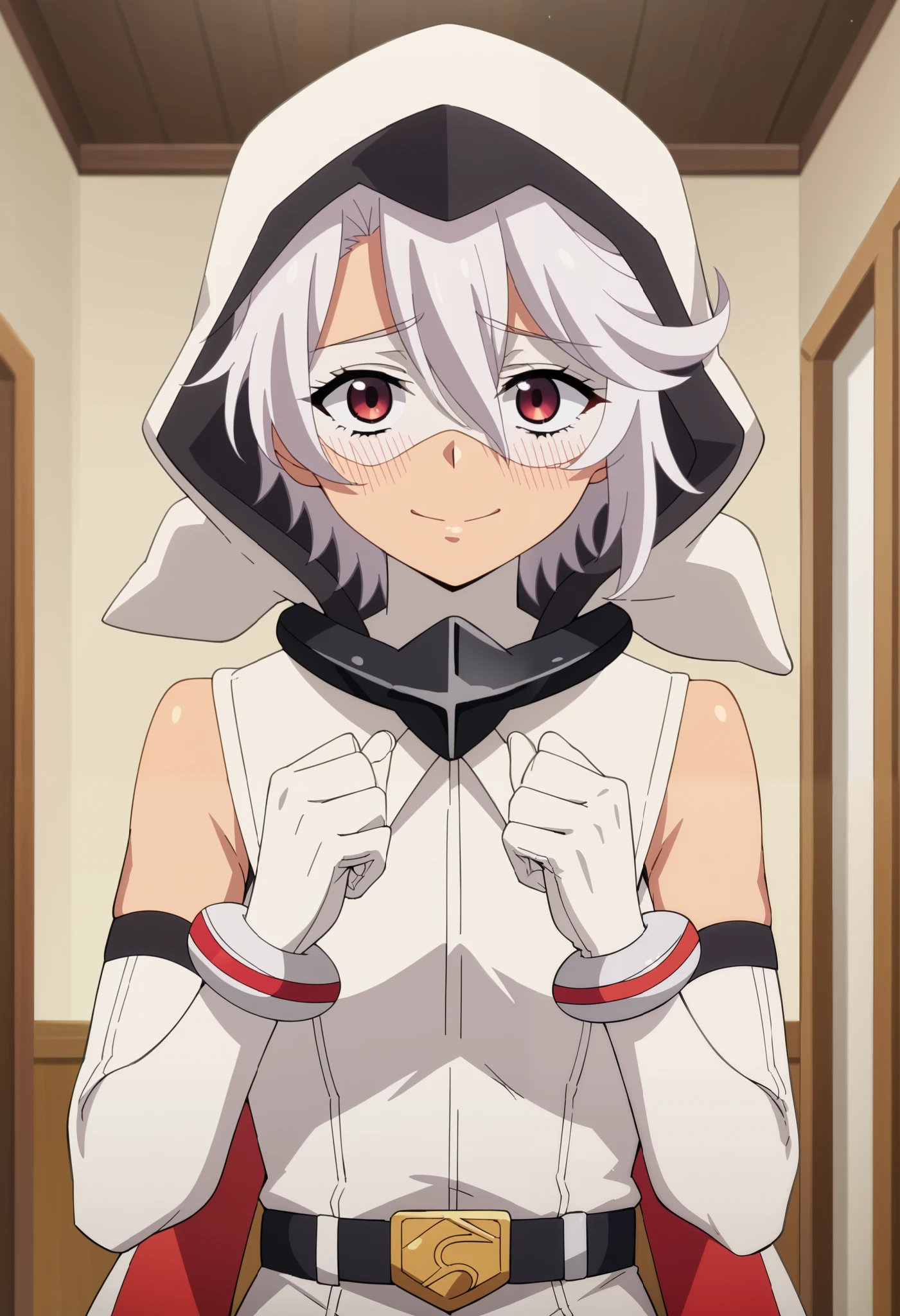 1girl, solo, short hair, White hair, red eyes, eye mask, leotard, sleeveless, belt, elbow gloves, white gloves, bracelet, thighhighs, thigh boots, Hood, ((hood up)), indoors, room, female focus, smile, shy look, looking at viewer, blush, slanting, anime screencap score_9, score_8_up, score_7_up, score_6_up, score_5_up, score_4_up, BREAK source_anime, masterpiece