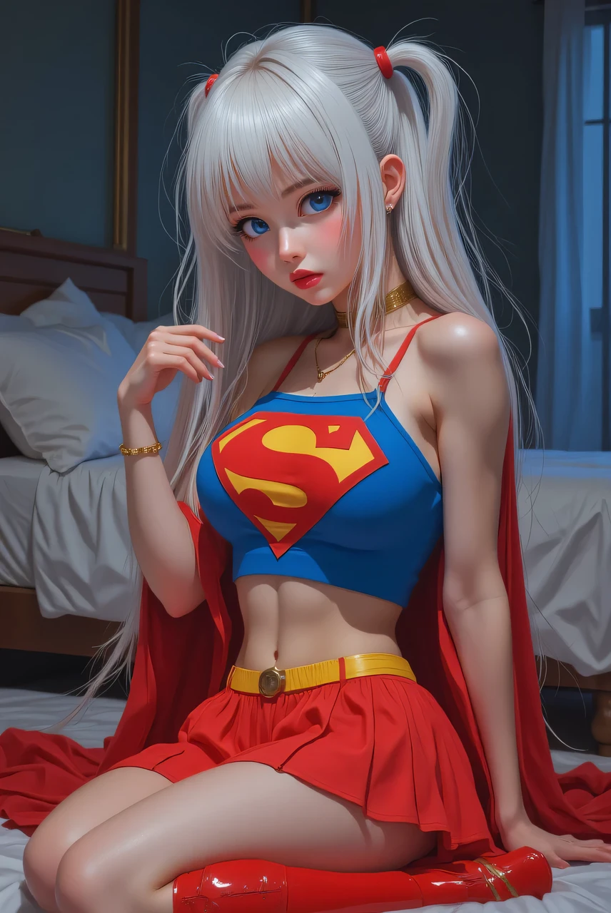 A SPICEY BEDROOM SCENE WHERE A SEXY BLUE EYED MATURE JAPANESE ANIME GIRL white hair IS WEARING AN AUTHENTIC 1980 SUPERGIRL COSTUME, COMPLETE WITH A RED PLEATED SKIRT, RED SUPERGIRL BOOTS  AND A RED CAPE. CAUGHT IN THE ACT OF MASTURBATING. LARGE "S" EMBLEM ON HER COSTUME. CRAVING SEX, BEGGING. ANIME BODY AND SKIN