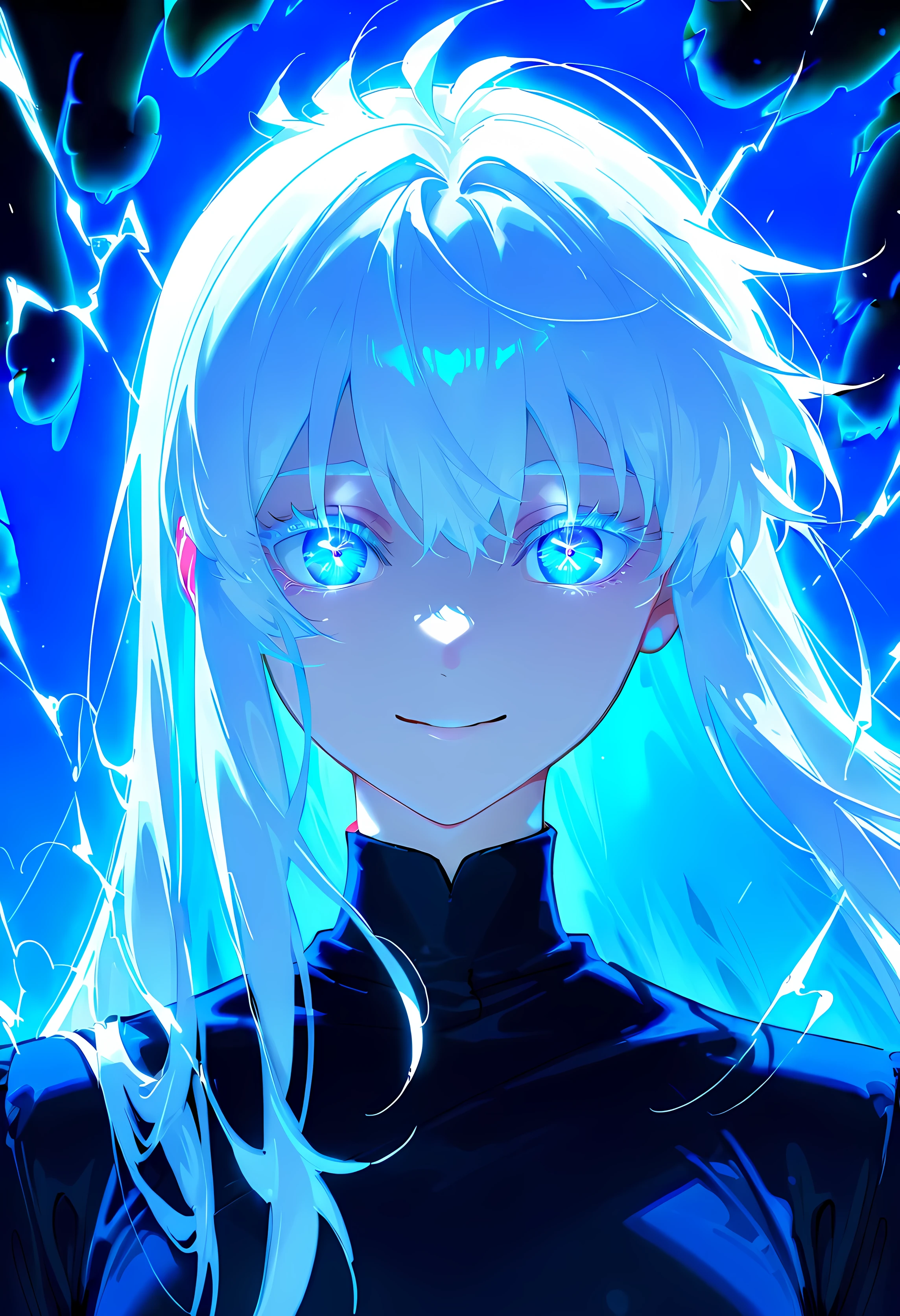 Woman, age 18, white hair, long hair, white eyebrows, white eyelash, white eyelashes, detailed eyes, glowing eyes, light blue eye, galaxy eyes, wearing black shirt, facing front, front pose, high quality, 4k resolution, female, smiling, high quality, Cinematic lightning, , straight hair , ethereal eyes, glowing blue eyes, perfect blue eyes, blue aura , power aura, blue power aura, high quality, masterpiece, Highest Quality, (Perfect face:1.1), (high detailing:1.1), (ultradetailed eyes), Dramatic, superfine illustration, Extremely detailed, 1girl in, (pale skin) Gojo Satoru, Female Gojo Satoru , blue theme, perfect clothes, Gojo