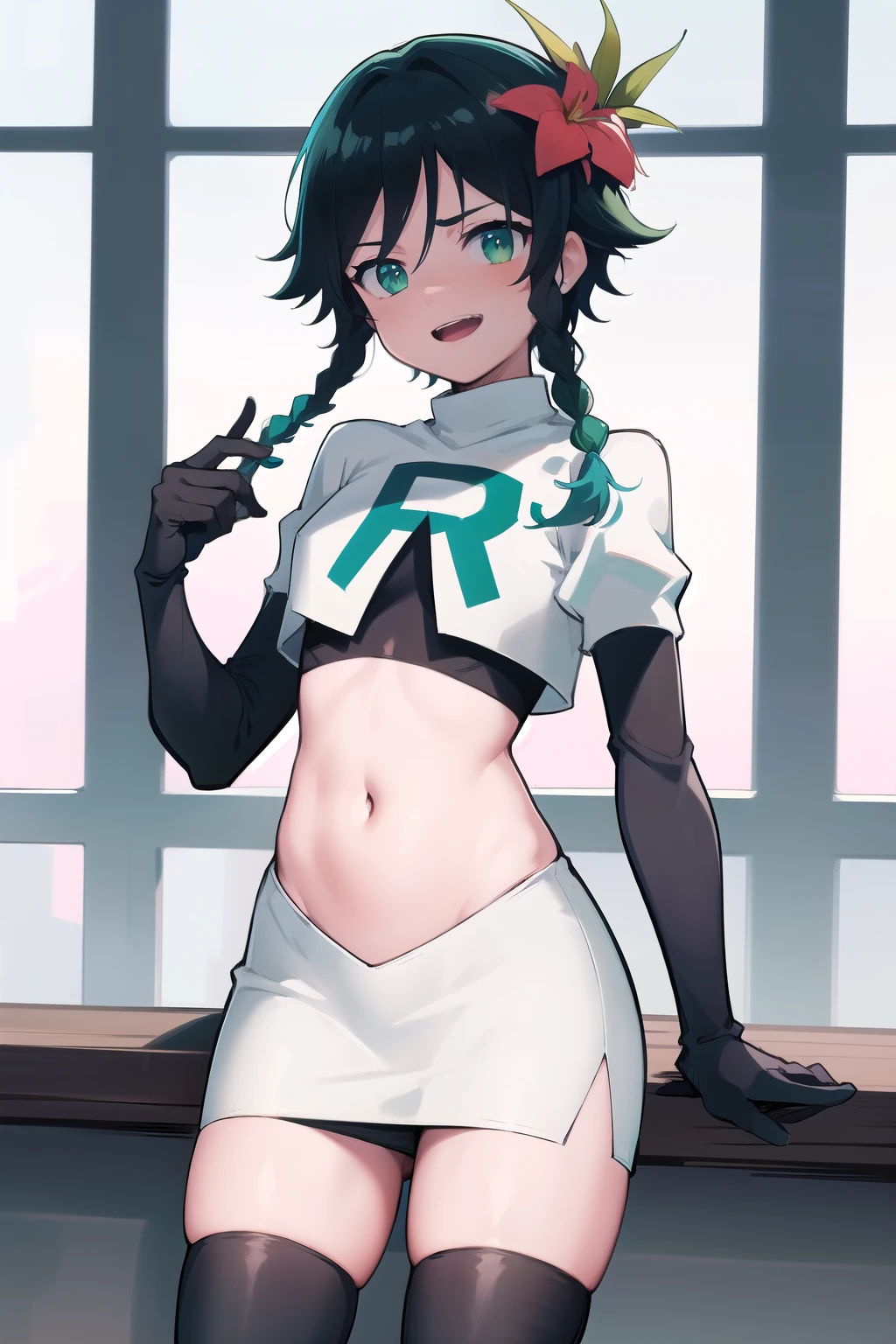 absurdres,venti,1boy, male focus, trap,black hair, green-blue hair, hair braid,hair flower,aqua green eyes,crossdressing,1boy,team rocket,team rocket uniform,white skirt,red letter R,crop top,black thigh-highs,black elbow gloves, embarrassed, blush