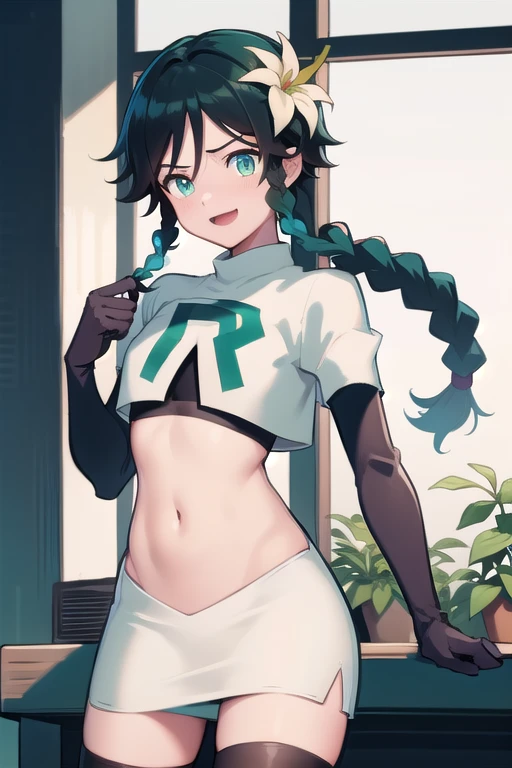 absurdres,venti,1boy, male focus, trap,black hair, green-blue hair, hair braid,hair flower,aqua green eyes,crossdressing,1boy,team rocket,team rocket uniform,white skirt,red letter R,crop top,black thigh-highs,black elbow gloves, laughing,happy, blush
