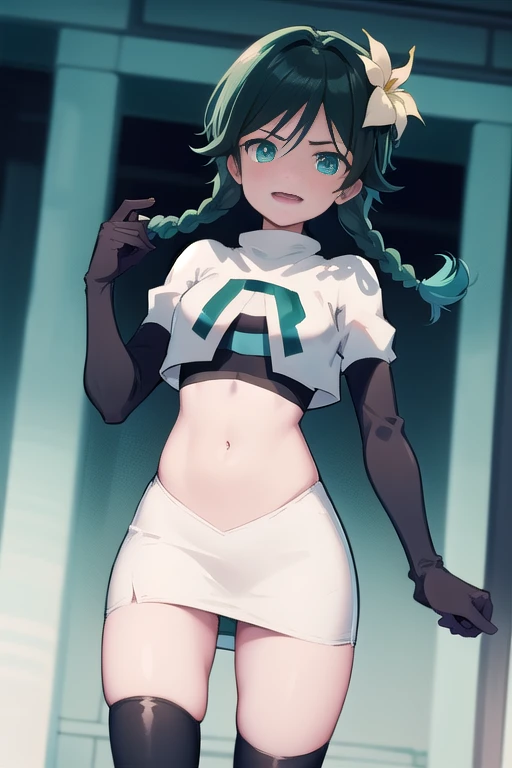 absurdres,venti,1boy, male focus, trap,black hair, green-blue hair, hair braid,hair flower,aqua green eyes,crossdressing,1boy,team rocket,team rocket uniform,white skirt,red letter R,crop top,black thigh-highs,black elbow gloves, cowboy shot,laughing,happy, blush