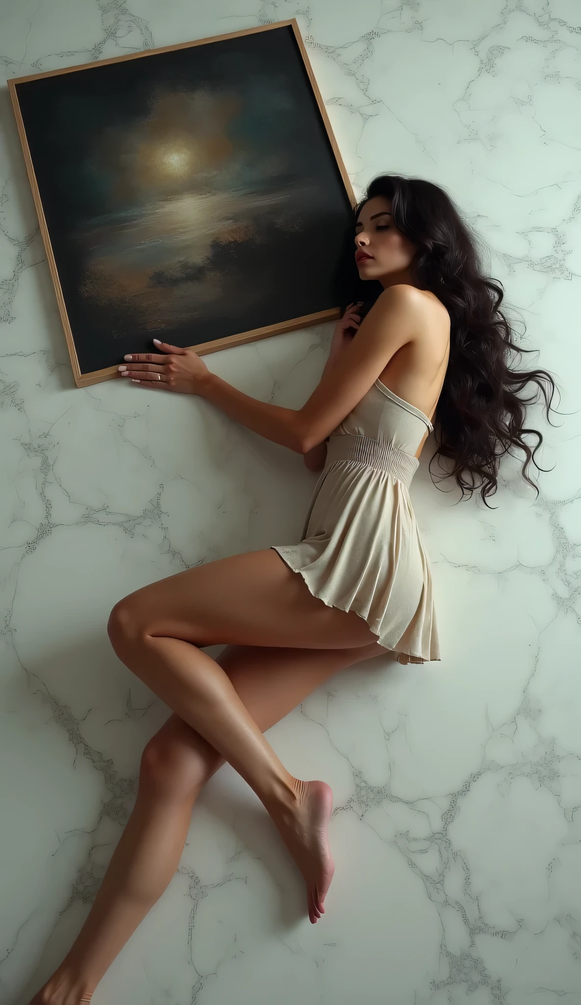 woman lying on the marble floor wearing a tight dress with a skirt that covers only her , holding in her hand a square abstract painting