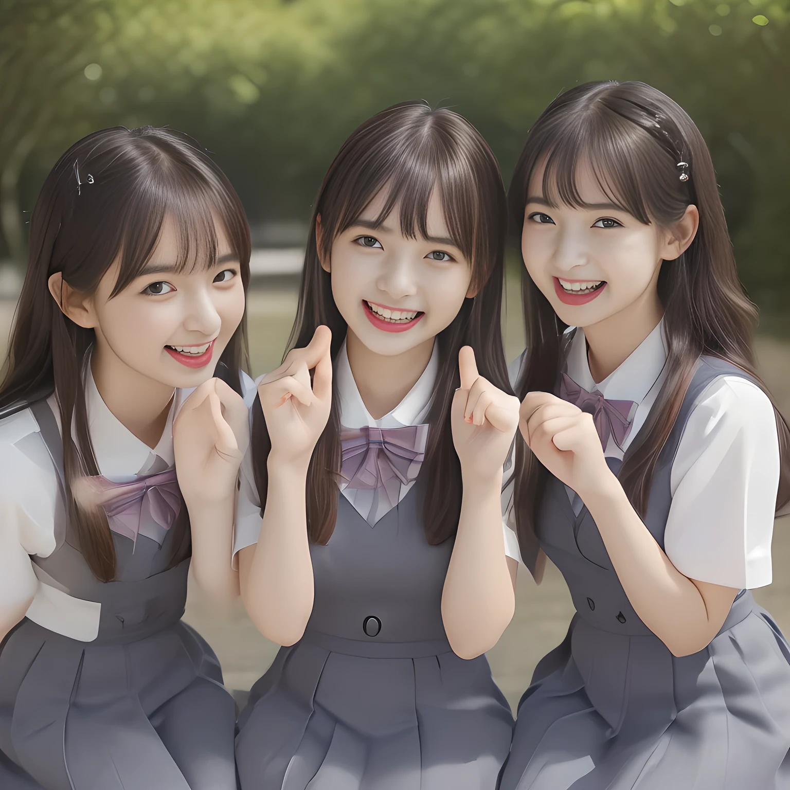 (highest quality, masterpiece, high resolution:1.2), 4K, (Photo quality detailed foreground: 1.2), geometry, (Group of bewitching fascinating succubi has caught the viewer. Group of Cute noble very-long-wavy-hair Japanese photo model 20yo ladies are seated on a gorgeous lascivious bed and can't stop kissing the viewer and looking at the viewer with her too beautiful eyes like laughing fashion model: 1.3), (Using expensive face-whitening cosmetics to make her skin more beautiful and pure by professional makeup artist: 1.5), (devious girlish fascinating laughter in bliss, devious girlish pose: 2.0), Laughing cutely, ((Light-Gray) Japanese school girly vest Uniform with neat girly light-yellow short-sleeves school blouse, puffed short sleeves: 1.2), (white socks and school loafers, kicking back: 1.5), (Dark blue glossy glossy school ribbon on the breast: 1.0), (Extremely laughing cheeks: 1.8), (Beautiful light-amber large clear open eyes with balanced and detailed cutely: 1.4), (double eyelids: 1.0), (highly curled bangs: 1.2), (Expressing the greatest joy with her whole body: 1.2), (Glossy lips: 1.0), (too long very wavy hair reaches her hips: 1.7), (cute earrings), (making the viewer crazy with her beautiful hands: 1.6), (white and clear skin: 1.5), (Laughing cute princess's eyes looking at me: 0.8), (Very cute, slender, pretty, pretty, too girly & Girlish: National Beautiful Girl Grand Prix winners, Very adult bewitching atmosphere: 2.0), (The viewer is forced to kiss crazily all of too beautiful succubi and angels in the bed: 1.5)