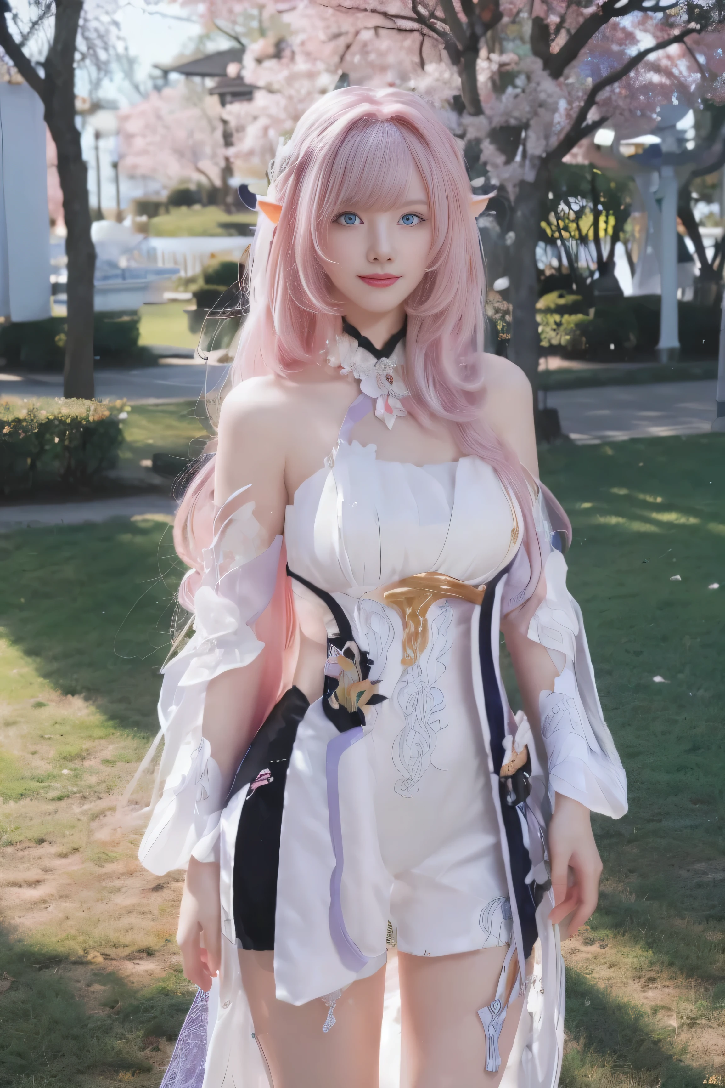 (best quality), (masterpiece), (Ultra-high resolution), (Clear face), (Reality: 1.4), (perfect lighting),(photorealistic:1.30), anime wallpaper, Guviz style artwork , fantasy cover up to magic , by Yang J, Guviz, beautiful artwork illustration, beautiful digital artwork, beautiful digital illustration, Li Song, beautiful anime portrait, art style at Beauvot,illustration, ethereal and beautiful, highly detailed, CG, unity, 8k wallpaper, Amazing, fine detail, official art, highly detailed CG unity 8k wallpaper,absurd, extremely absurd, large file size, highly detailed , high resolution, very detailed,beautiful girl with details, very detailed eyes and face, beautiful detailed eyes,light on the face,cinematic lighting, 1girl , Alone, looking at viewer, solo,(long hair:1.3), (floating hair:1.2), Elysia \(ruler of human:I\) \(honkai impact\), ( pink hair:1.2),( pointy ears:1.2), (blue eyes:1.2),(seductive smile:1.1),medium breasts, standing, (looking at viewer:1.2), Arms behwd back, standing under the tree, Cherry blossoms, outdoor, Flowers garden background, (standing:1.3), (upper body:1.3),,