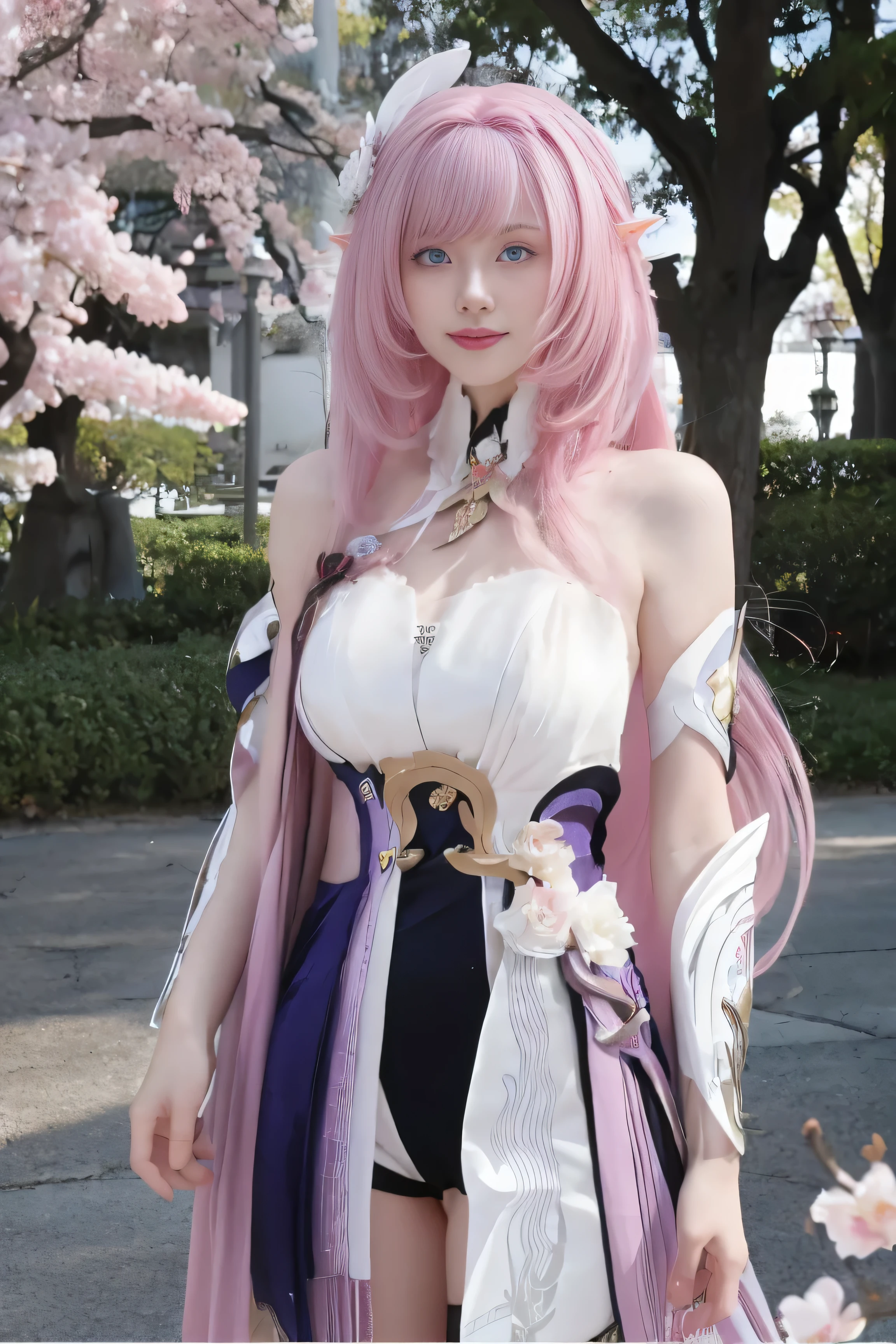 (best quality), (masterpiece), (Ultra-high resolution), (Clear face), (Reality: 1.4), (perfect lighting),(photorealistic:1.30), anime wallpaper, Guviz style artwork , fantasy cover up to magic , by Yang J, Guviz, beautiful artwork illustration, beautiful digital artwork, beautiful digital illustration, Li Song, beautiful anime portrait, art style at Beauvot,illustration, ethereal and beautiful, highly detailed, CG, unity, 8k wallpaper, Amazing, fine detail, official art, highly detailed CG unity 8k wallpaper,absurd, extremely absurd, large file size, highly detailed , high resolution, very detailed,beautiful girl with details, very detailed eyes and face, beautiful detailed eyes,light on the face,cinematic lighting, 1girl , Alone, looking at viewer, solo,(long hair:1.3), (floating hair:1.2), Elysia \(ruler of human:I\) \(honkai impact\), ( pink hair:1.2),( pointy ears:1.2), (blue eyes:1.2),(seductive smile:1.1),medium breasts, standing, (looking at viewer:1.2), Arms behwd back, standing under the tree, Cherry blossoms, outdoor, Flowers garden background, (standing:1.3), (upper body:1.3),,