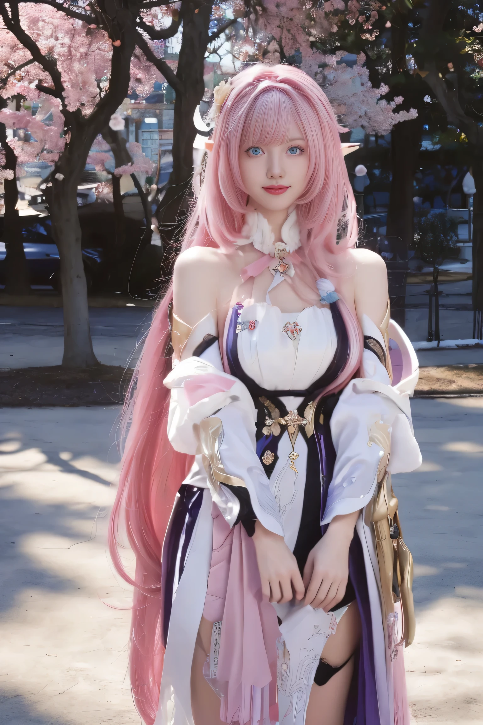 (best quality), (masterpiece), (Ultra-high resolution), (Clear face), (Reality: 1.4), (perfect lighting),(photorealistic:1.30), anime wallpaper, Guviz style artwork , fantasy cover up to magic , by Yang J, Guviz, beautiful artwork illustration, beautiful digital artwork, beautiful digital illustration, Li Song, beautiful anime portrait, art style at Beauvot,illustration, ethereal and beautiful, highly detailed, CG, unity, 8k wallpaper, Amazing, fine detail, official art, highly detailed CG unity 8k wallpaper,absurd, extremely absurd, large file size, highly detailed , high resolution, very detailed,beautiful girl with details, very detailed eyes and face, beautiful detailed eyes,light on the face,cinematic lighting, 1girl , Alone, looking at viewer, solo,(long hair:1.3), (floating hair:1.2), Elysia \(ruler of human:I\) \(honkai impact\), ( pink hair:1.2),( pointy ears:1.2), (blue eyes:1.2),(seductive smile:1.1),medium breasts, standing, (looking at viewer:1.2), Arms behwd back, standing under the tree, Cherry blossoms, outdoor, Flowers garden background, (standing:1.3), (upper body:1.3),,