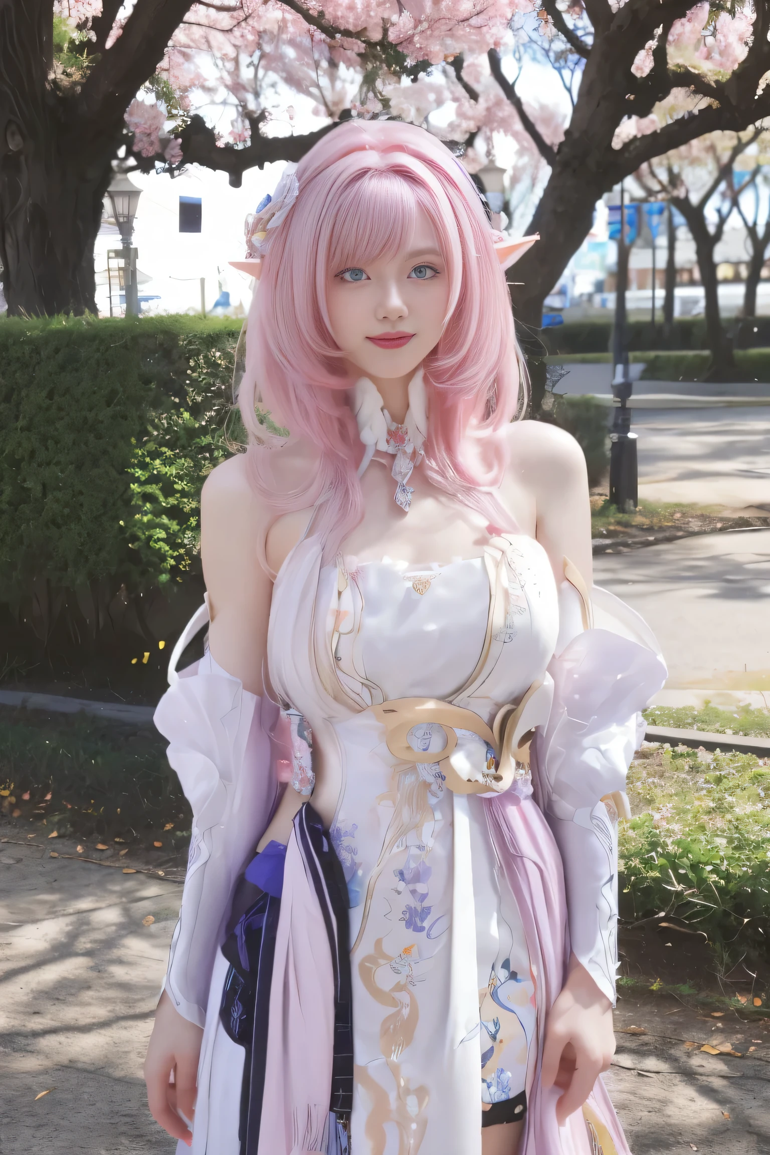 (best quality), (masterpiece), (Ultra-high resolution), (Clear face), (Reality: 1.4), (perfect lighting),(photorealistic:1.30), anime wallpaper, Guviz style artwork , fantasy cover up to magic , by Yang J, Guviz, beautiful artwork illustration, beautiful digital artwork, beautiful digital illustration, Li Song, beautiful anime portrait, art style at Beauvot,illustration, ethereal and beautiful, highly detailed, CG, unity, 8k wallpaper, Amazing, fine detail, official art, highly detailed CG unity 8k wallpaper,absurd, extremely absurd, large file size, highly detailed , high resolution, very detailed,beautiful girl with details, very detailed eyes and face, beautiful detailed eyes,light on the face,cinematic lighting, 1girl , Alone, looking at viewer, solo,(long hair:1.3), (floating hair:1.2), Elysia \(ruler of human:I\) \(honkai impact\), ( pink hair:1.2),( pointy ears:1.2), (blue eyes:1.2),(seductive smile:1.1),medium breasts, standing, (looking at viewer:1.2), Arms behwd back, standing under the tree, Cherry blossoms, outdoor, Flowers garden background, (standing:1.3), (upper body:1.3),,