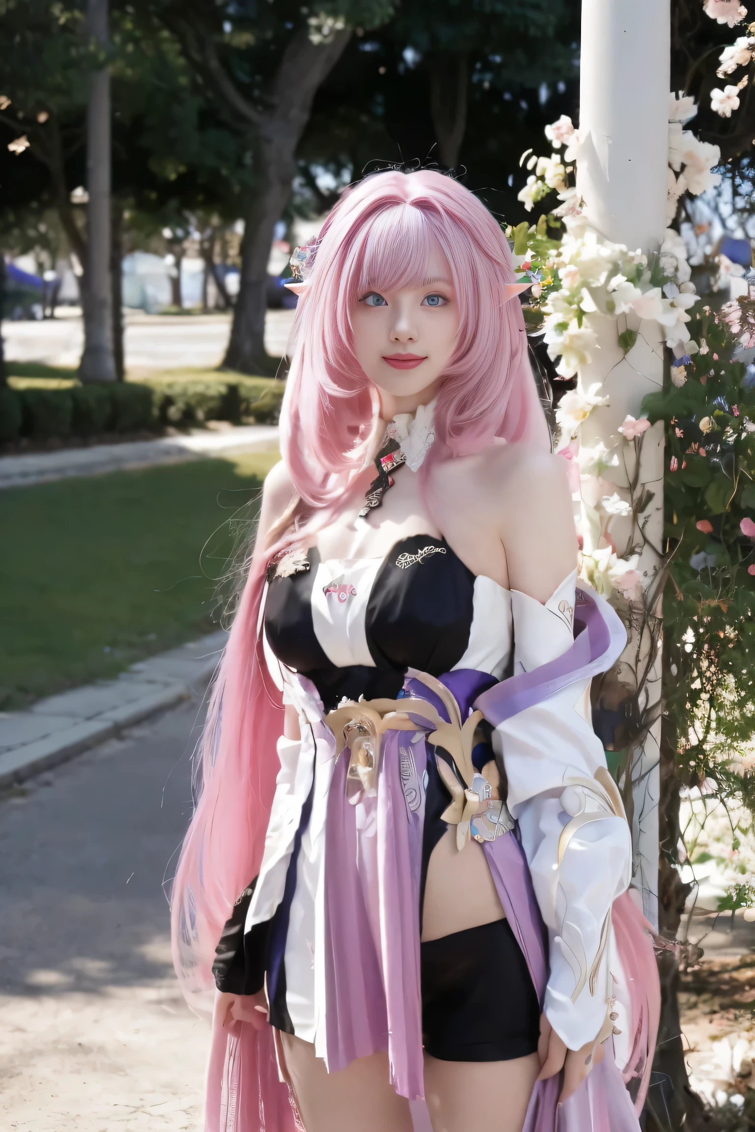 (best quality), (masterpiece), (Ultra-high resolution), (Clear face), (Reality: 1.4), (perfect lighting),(photorealistic:1.30), anime wallpaper, Guviz style artwork , fantasy cover up to magic , by Yang J, Guviz, beautiful artwork illustration, beautiful digital artwork, beautiful digital illustration, Li Song, beautiful anime portrait, art style at Beauvot,illustration, ethereal and beautiful, highly detailed, CG, unity, 8k wallpaper, Amazing, fine detail, official art, highly detailed CG unity 8k wallpaper,absurd, extremely absurd, large file size, highly detailed , high resolution, very detailed,beautiful girl with details, very detailed eyes and face, beautiful detailed eyes,light on the face,cinematic lighting, 1girl , Alone, looking at viewer, solo,(long hair:1.3), (floating hair:1.2), Elysia \(ruler of human:I\) \(honkai impact\), ( pink hair:1.2),( pointy ears:1.2), (blue eyes:1.2),(seductive smile:1.1),medium breasts, standing, (looking at viewer:1.2), Arms behwd back, standing under the tree, Cherry blossoms, outdoor, Flowers garden background, (standing:1.3), (upper body:1.3),,
