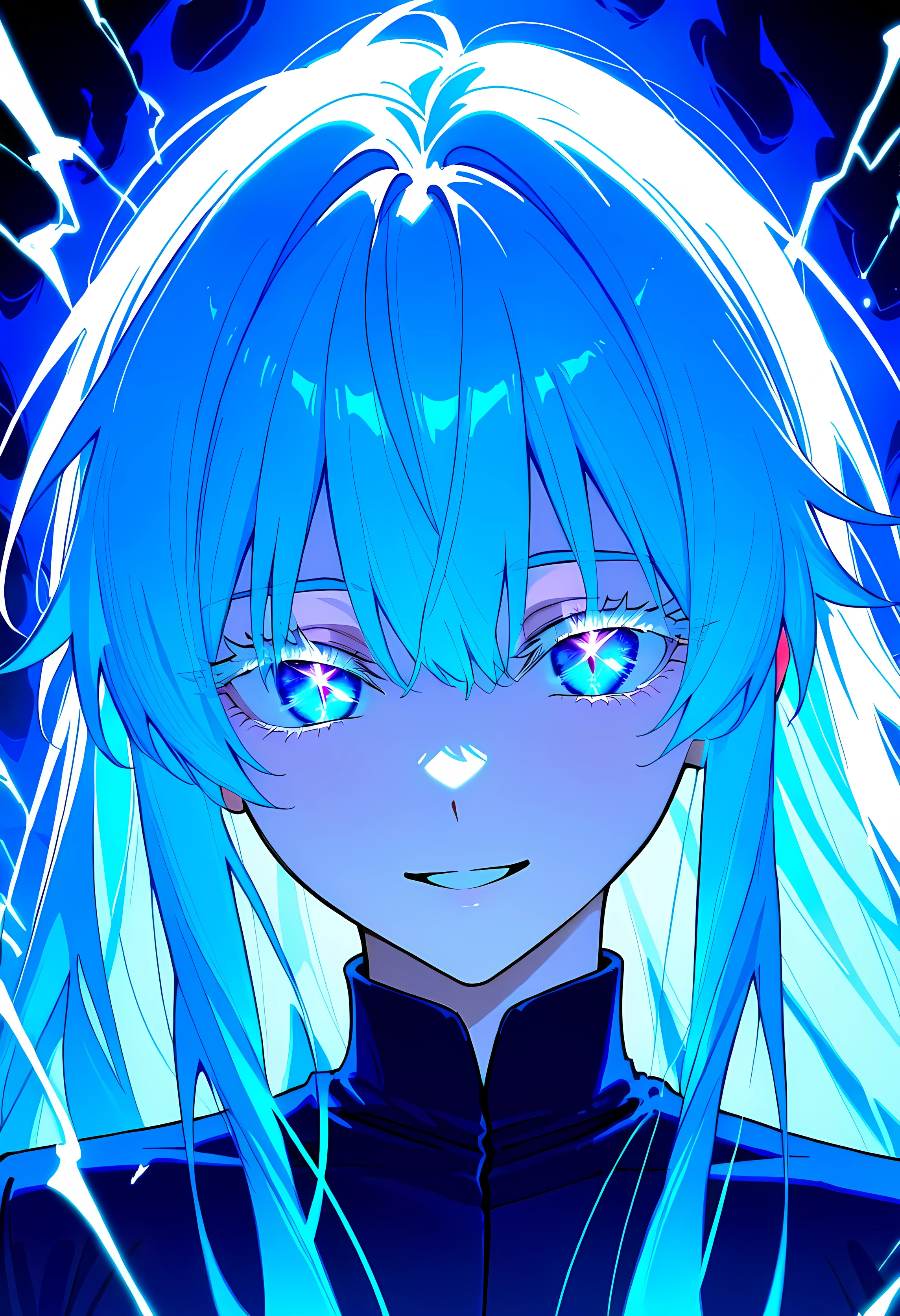 Woman, age 18, white hair, long hair, white eyebrows, white eyelash, white eyelashes, detailed eyes, glowing eyes, light blue eye, galaxy eyes, wearing black shirt, facing front, front pose, high quality, 4k resolution, female, smiling, high quality, Cinematic lightning, , straight hair , ethereal eyes, glowing blue eyes, perfect blue eyes, blue aura , power aura, blue power aura, high quality, masterpiece, Highest Quality, (Perfect face:1.1), (high detailing:1.1), (ultradetailed eyes), Dramatic, superfine illustration, Extremely detailed, 1girl in, (pale skin) Gojo Satoru, Female Gojo Satoru , blue theme, perfect clothes, Gojo