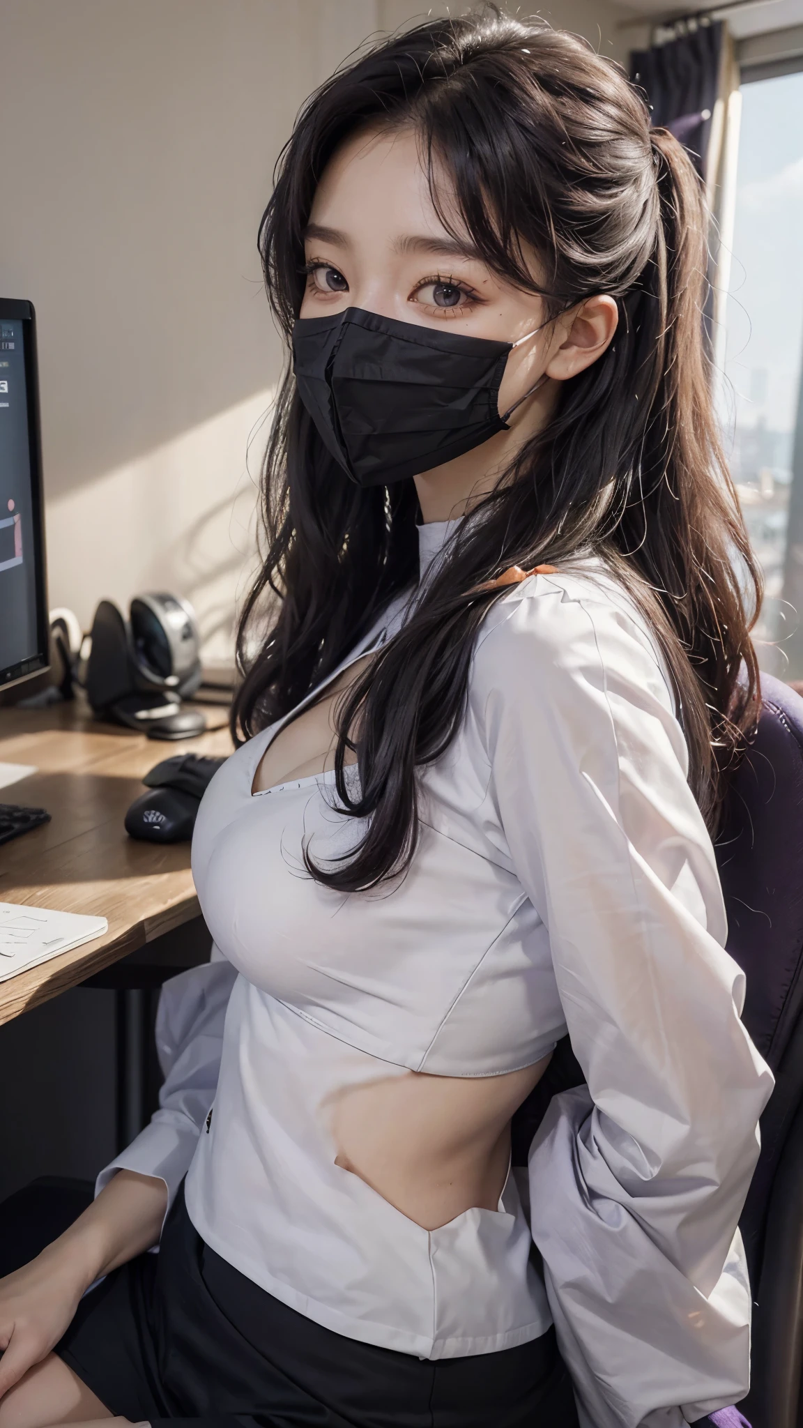 (Realistic、Like a photograph、Live Action、8k, Photorealistic, RAW Photos, Best image quality: 1.4), Single-lens reflex camera、RAW Photos, highest quality, Realistic, Highly detailed CG Unity 8k wallpaper, Written boundary depth, Cinematic Light, Lens flare, Ray Tracing, Realistic background、(The strap of the bag is passing between her breasts、Tight long sleeve knit:1.4、Skinny jeans:1.1、Big Breasts、(Wearing a black mask:1.3))、((Ultra-dense skin))、 1 female,Cute Japanese Woman、Japanese office lady at work、((whole body:1.5),View the computer:1.1、Long Hair:1.2、Straight hair、Purple Inner Color Hair、Tie your hair with a hair clip、I like that style、Stylish、Very detailed、Pay attention to the details、The perfect outfit、(Dark Skin)、Beautiful legs:1.1、Sit on the floor and look up、View from above