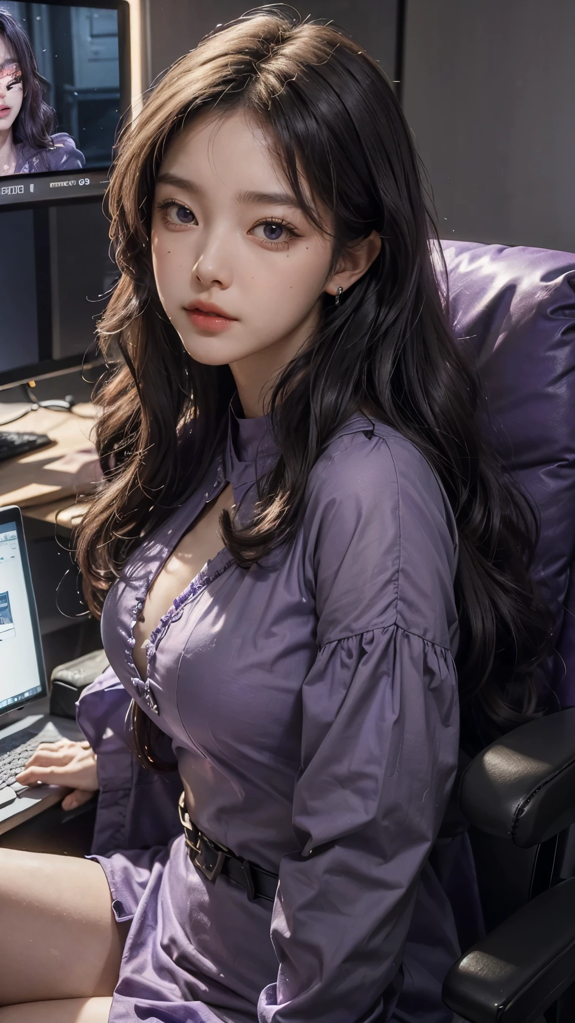25yo woman, Vietnamese, pale_skin, bangs, white and violet highlights hair, long messy hair, BREAK purple short dress, sitting gaming chair in front of gaming desk, PC monitor, (rim light:1.2), against dark room, pink and blue light, calm theme, canon EOS, wide screen, blurry background, blurry foreground, FOV, heavy smoke in background,