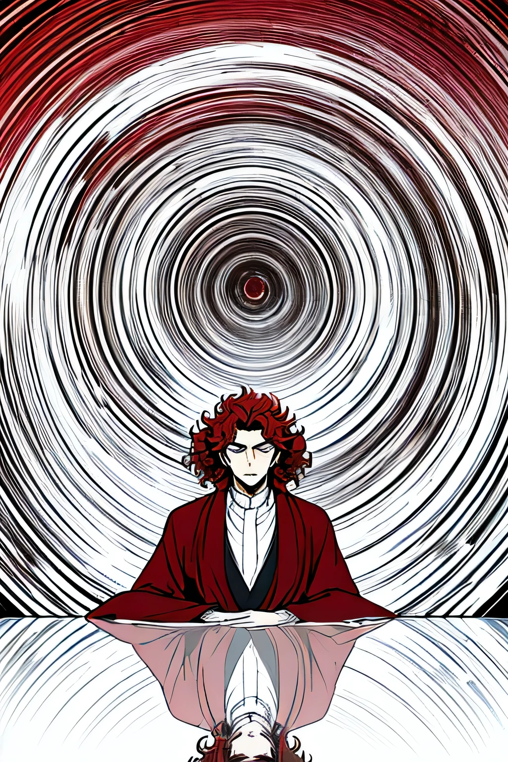 A male with curly hair. Red coloured hair. . He sees his own reflection in a giant spiral and has a slightly frightened look on his face. His clothes are like something out of a cultivation novel.
Add a lord of mysterious novels feel to the picture.