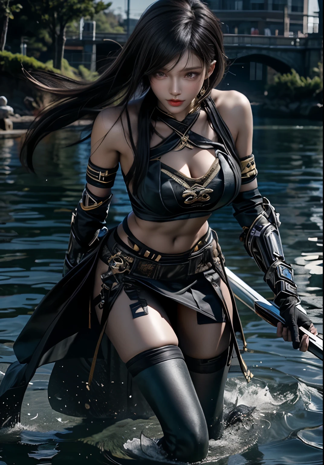 (RAW shooting, Photoreal:1.5, 8k, highest quality, masterpiece, ultra high resolution), perfect dynamic composition:1.2, midnight, Fight:1.2, Sengoku, fire事, いたるところで燃え上がる戦fire:1.3, Highly detailed skin and facial textures:1.2, Revenge, Strong-willed, belief, Slim female ninja with a sharp dagger:1.3, beautiful and aesthetic:1.2, sexy beauty, perfect style, wear elaborate rings, fire, water, Wind, thunder, ice, Fair skin, very beautiful face, (Medium chest, Chest gap), (embarrassing smile, The expression on your face when you feel intense caress, Facial expression when feeling pleasure), (wearing a sexy ninja costume:1.2, off shoulder:1.1), (beautiful blue eyes, Eyes that feel beautiful eros:0.8), (Too erotic:0.9, Bewitching:0.9), full body shot, perfect limbs, perfect fingers