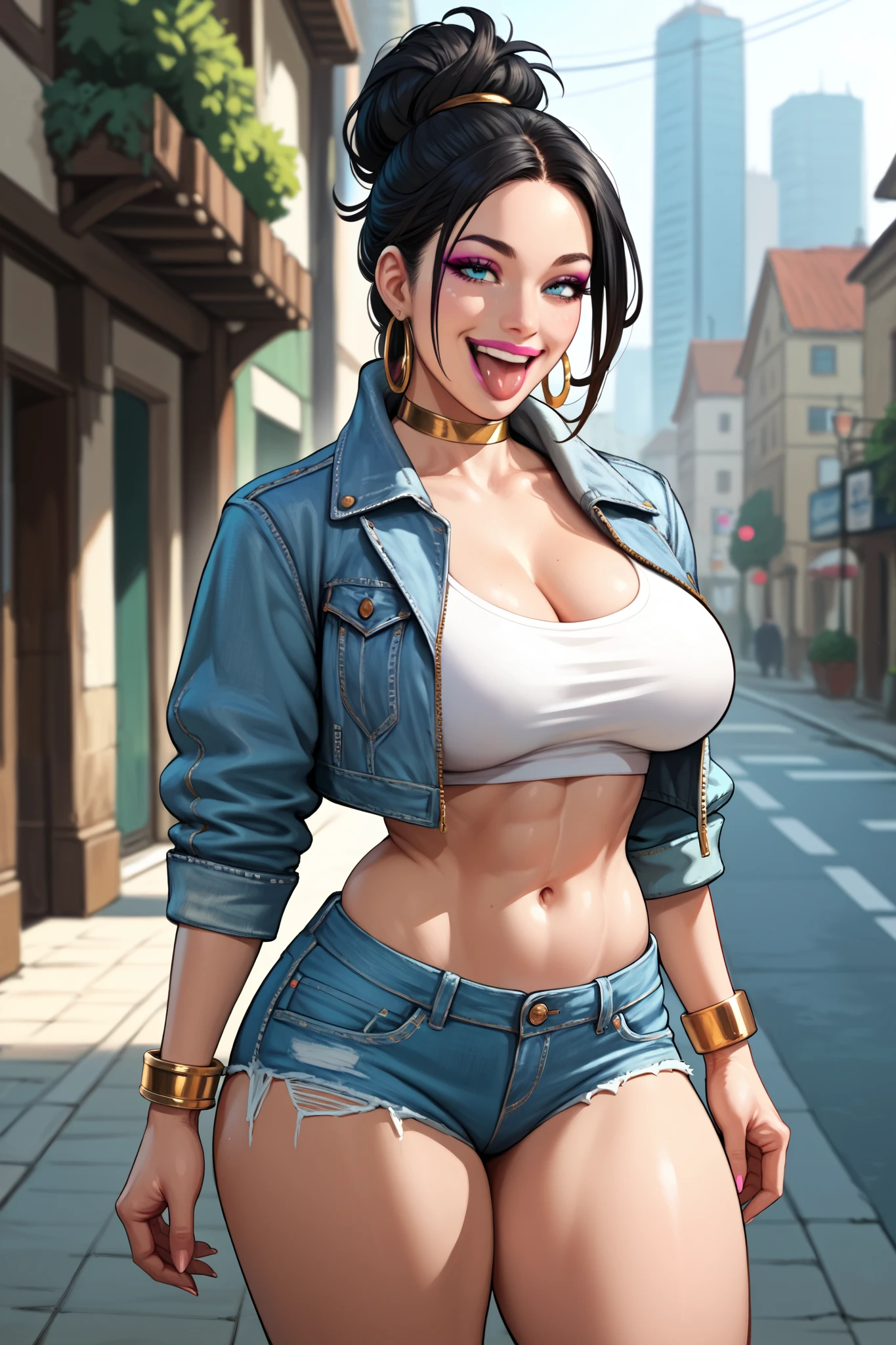 Create a very beautiful woman, in a sexy pose, with long black hair tied up, laughing with her tongue out, with a sexy expression, with a sculptural body, large breasts and huge buttocks, blue eyes, and pink lipstick on her lips, with makeup on her face, wearing a light blue denim jacket, and light pink denim shorts, wearing a gold choker, gold hoop earrings, (frontal image focusing on the body, but also focusing on the face)