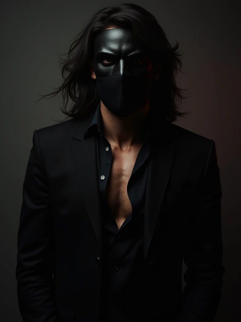 A Man with good physique, he wears a long black pant and long black coat without shirt or t-shirt he has long black hair that he ties into one high ponytails that stick out and up
He wears a black and white glowing cool futuristic mask