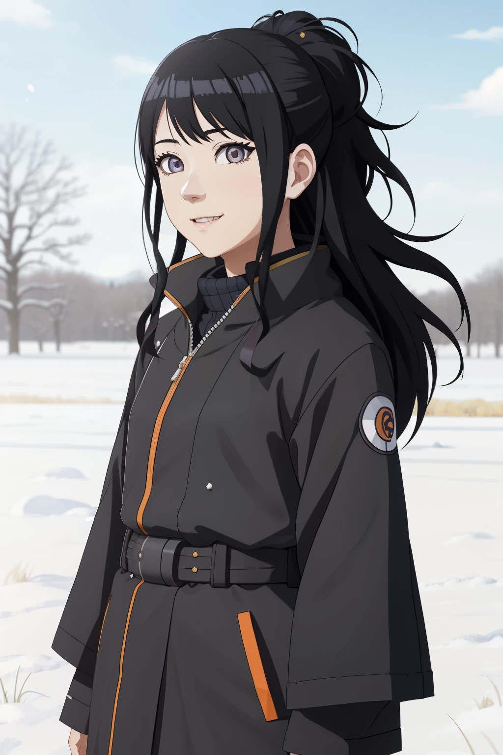 an hiperealistic shot of hinata(shippuden), ((hiori kazano)), idolmaster, Detailed eyes, long hair, ponytail, half updo, hair ornament,, (sweet woman), manwha style, in a snowy field, happy, smilling, upbody, (best quality,Super precise depiction)