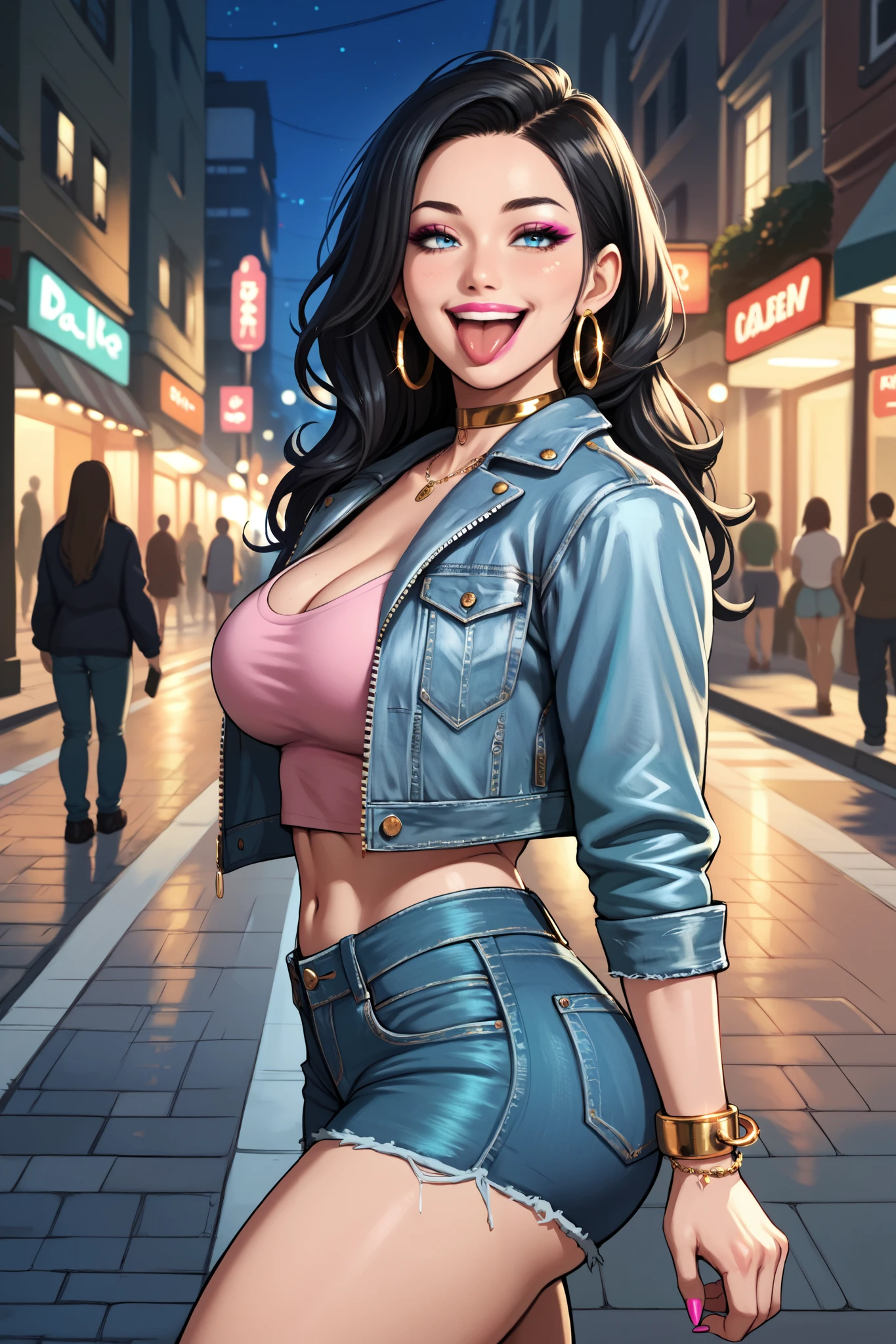 Create a very beautiful woman, on a sidewalk in a city lit up at night, in a sexy pose, with long black hair tied up, laughing with her tongue out, with a sexy expression, with a sculptural body, large breasts and huge buttocks, blue eyes, and pink lipstick on her lips, with makeup on her face, wearing a light blue denim jacket, and light pink denim shorts, wearing a gold choker, gold hoop earrings, (frontal image focusing on the body, but also focusing on the face). (8k quality)