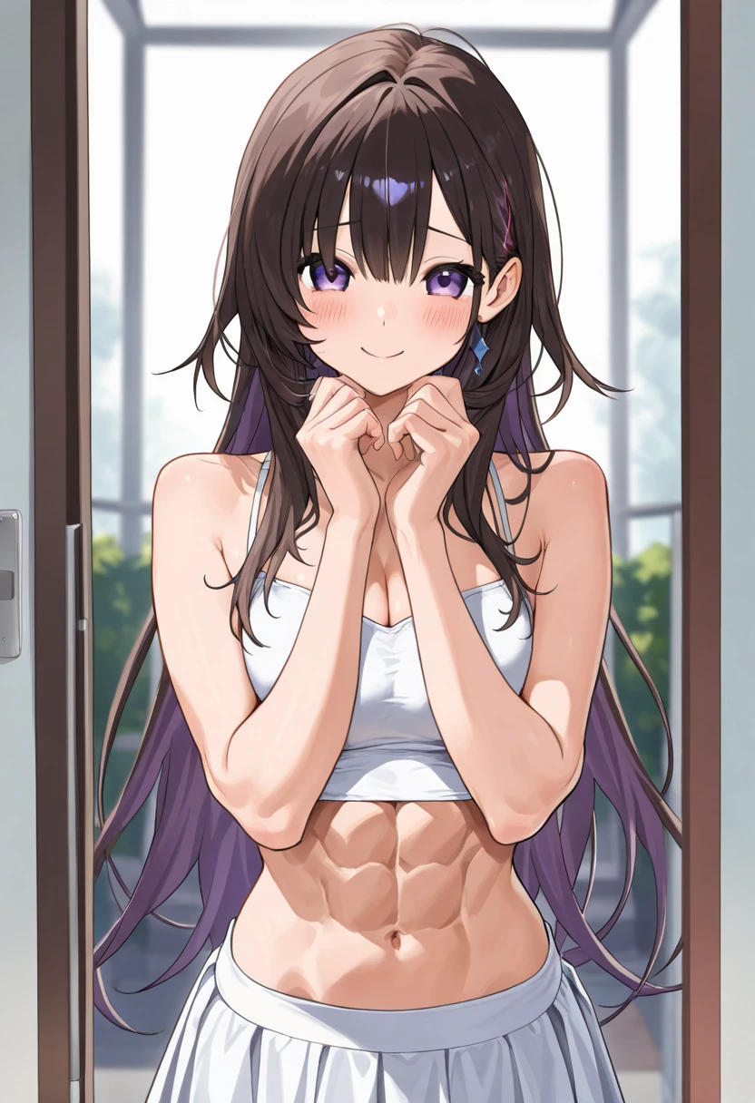 masterpiece, best quality, ultra detailed, ultra high resolution, very detailed face, solo, ((anime)), (((from top angle))), 20 years old girl, slim, (((bikini))), ((dark purple hair)), (((large breast))), (six pack abs:1.2), little smile, standing in the room