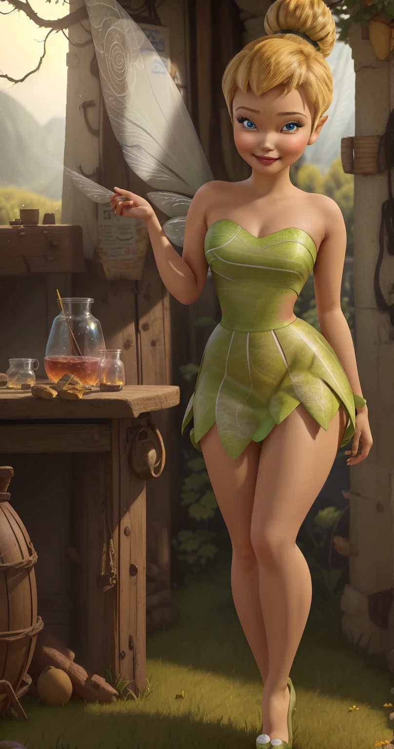 ((African American woman)), (black curly hair), (Tinkerbell Waifu:1), smile, cute, looking at the viewer, thick thighs, single bun, short hair, (strapless green dress:1), (fairy wingocus on breasts:1.2), (realistic: 1.2), (realism), (masterpiece: 1.2), (best quality), (ultra-detailed), (8k, 4k, complex),(full body photo: 1),(cowboy photo:1.2), (85mm), light particles, lighting, (highly detailed:1.2), (detailed face:1.2), (gradients), sfw, colorful,(detailed eyes:1.2), (detailed landscape, inside a glass jar:1.2),(detailed background), detailed landscape, (dynamic angle:1.2), (dynamic posture:1.2), (rule of terceira_compositing:1.3), (line of action:1.2), general plan, daylight, soil, no panties, huge breasts