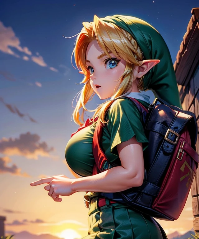 link, legend of zelda, GS-Womanly, huge breasts, 1 girl, 8 s olds, (Blonde hair), (wearing red school backpack:1.2)
